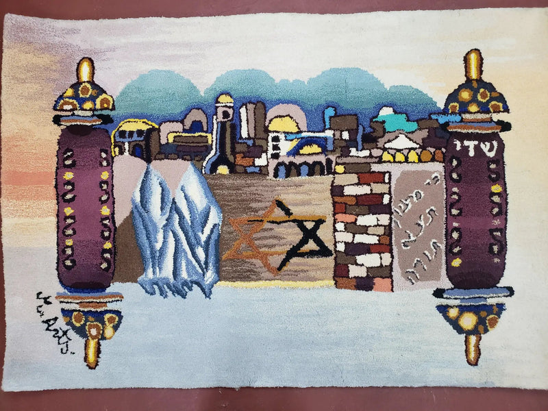 Vintage Judaica Pictorial Rug 3x5, Wool Hand-Tufted Israeli Signed Rug, Jerusalem Rug, Star of David Torah Scroll Verses, Chanuka Gift by Jewel Rugs