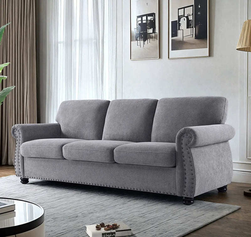 Soft Sofa, Upholstered 3 Seater Couch With High Density Foam, Loose Back Cushions And Turned Legs by HouseOfZazla