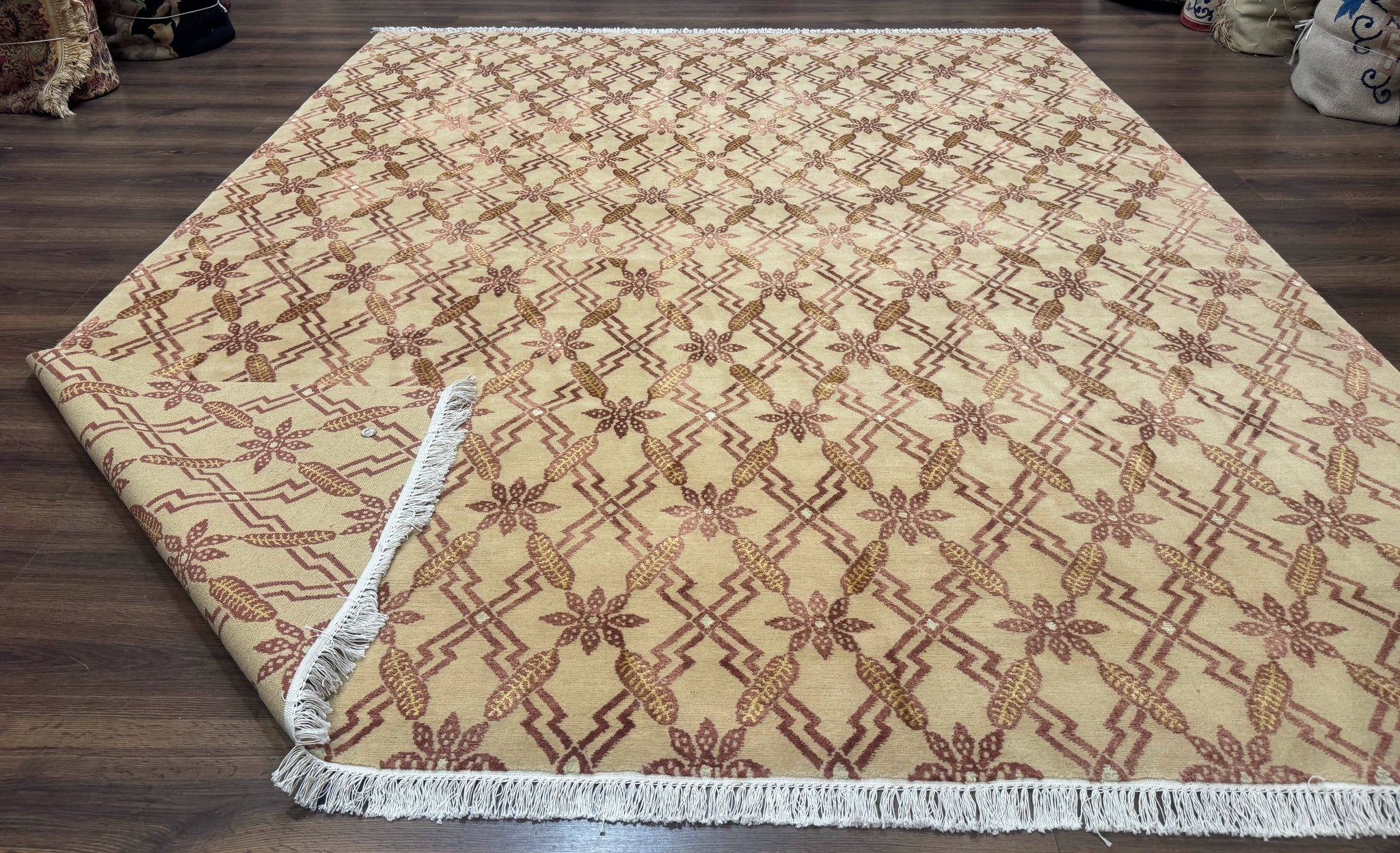 Tibetan Rug 8x10, Wool with Silk Highlights, Beige and Maroon, Contemporary Carpet by Jewel Rugs
