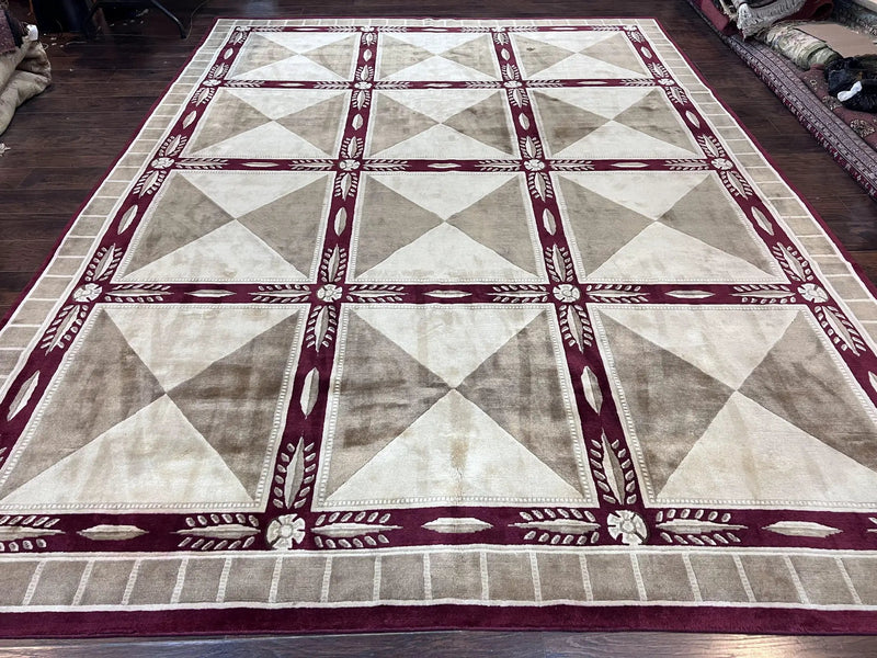 Indo Tibetan Rug 10x14, Nepali Carpet, Large Soft Wool Area Rug, Olive Tan Maroon, Contemporary Rug 10 x 14 ft Living Room Rug, Handmade Rug by Jewel Rugs