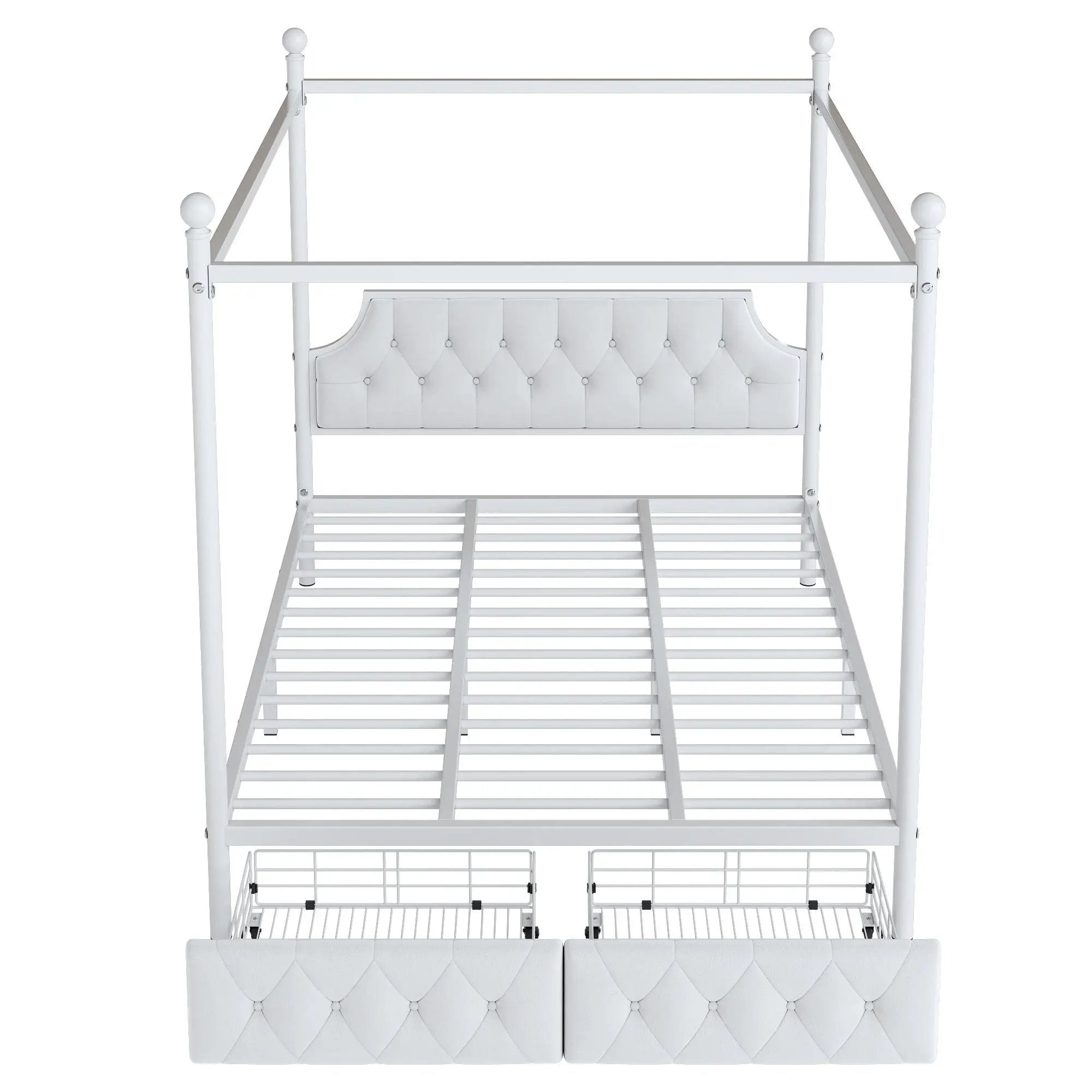 Queen Size Canopy Platform Bed With Upholstered Headboard And 2 Storage Drawers - White by HouseOfZazla