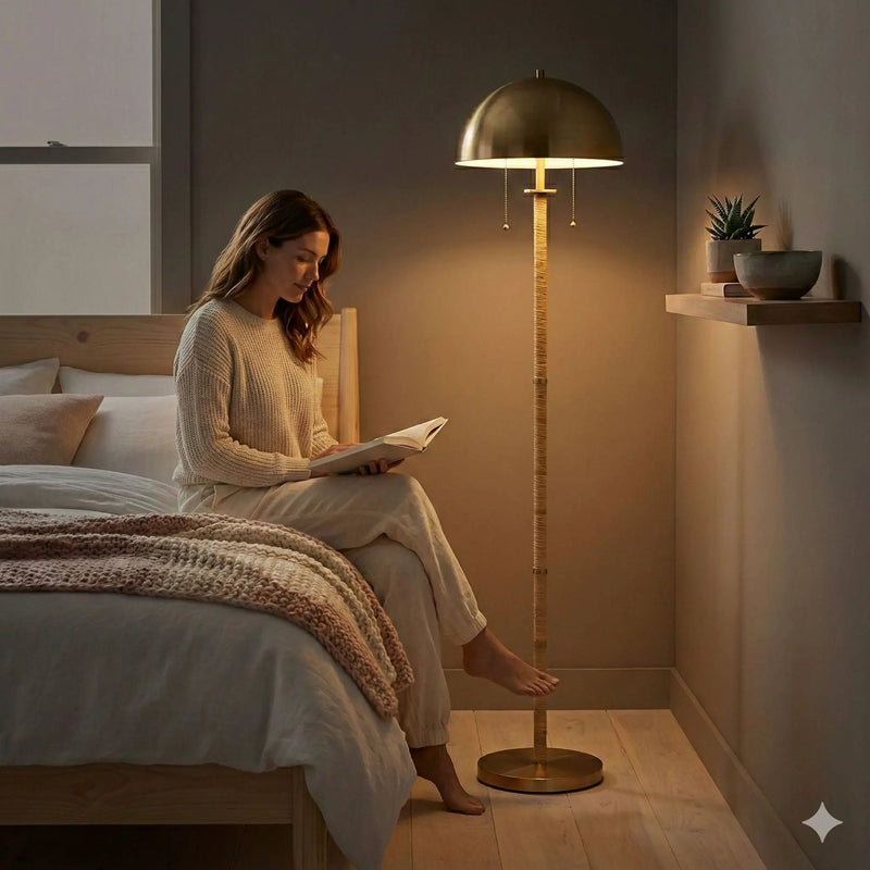 Allure - 2 Light Floor Lamp, Gold, Natural Tube, Double On / Off Pull Chain - Gold / Rattan by Unique Piece Furniture