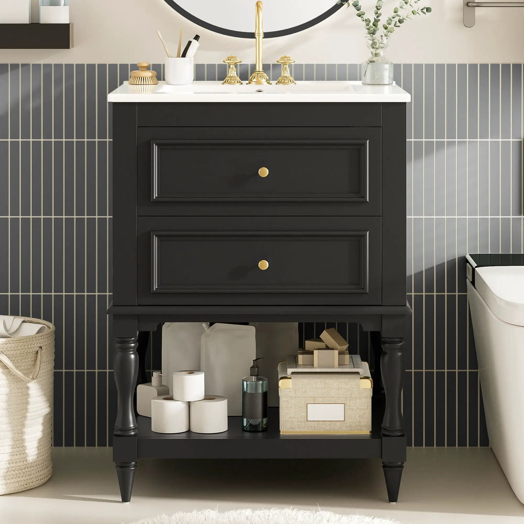 Bathroom Vanity With Sink, 2 Drawers Storage Cabinet, Open Shelf by Unique Piece Furniture
