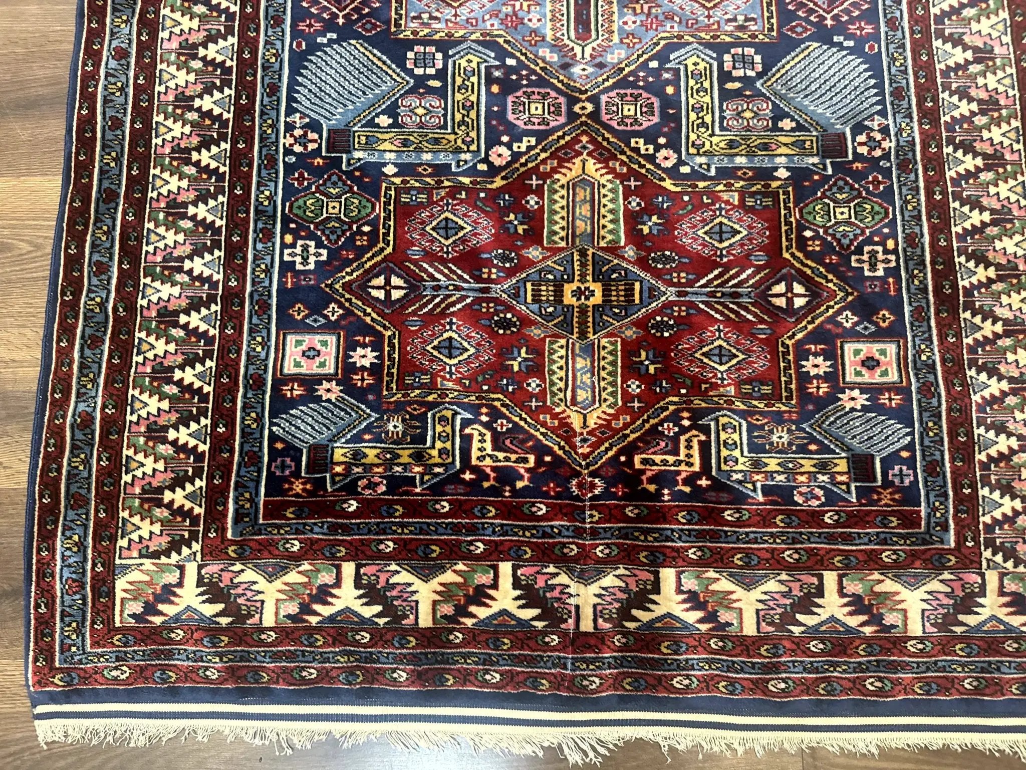 Indian Rug with Caucasian Design, 4x6 Geometric Carpet, Navy Blue and Cream by Jewel Rugs