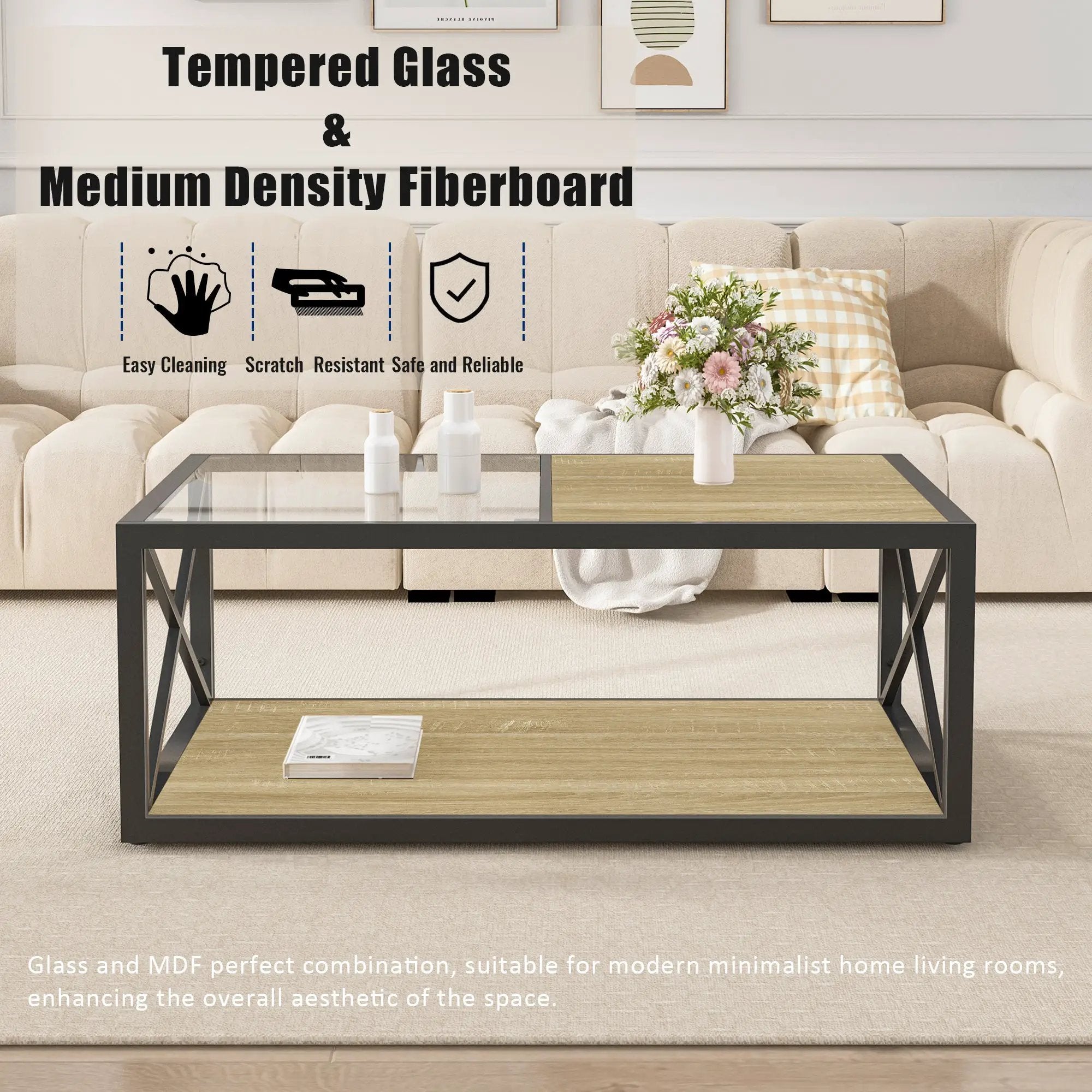 Modern Coffee Table with Tempered Glass and Natural Wood MDF Top by HouseOfZazla