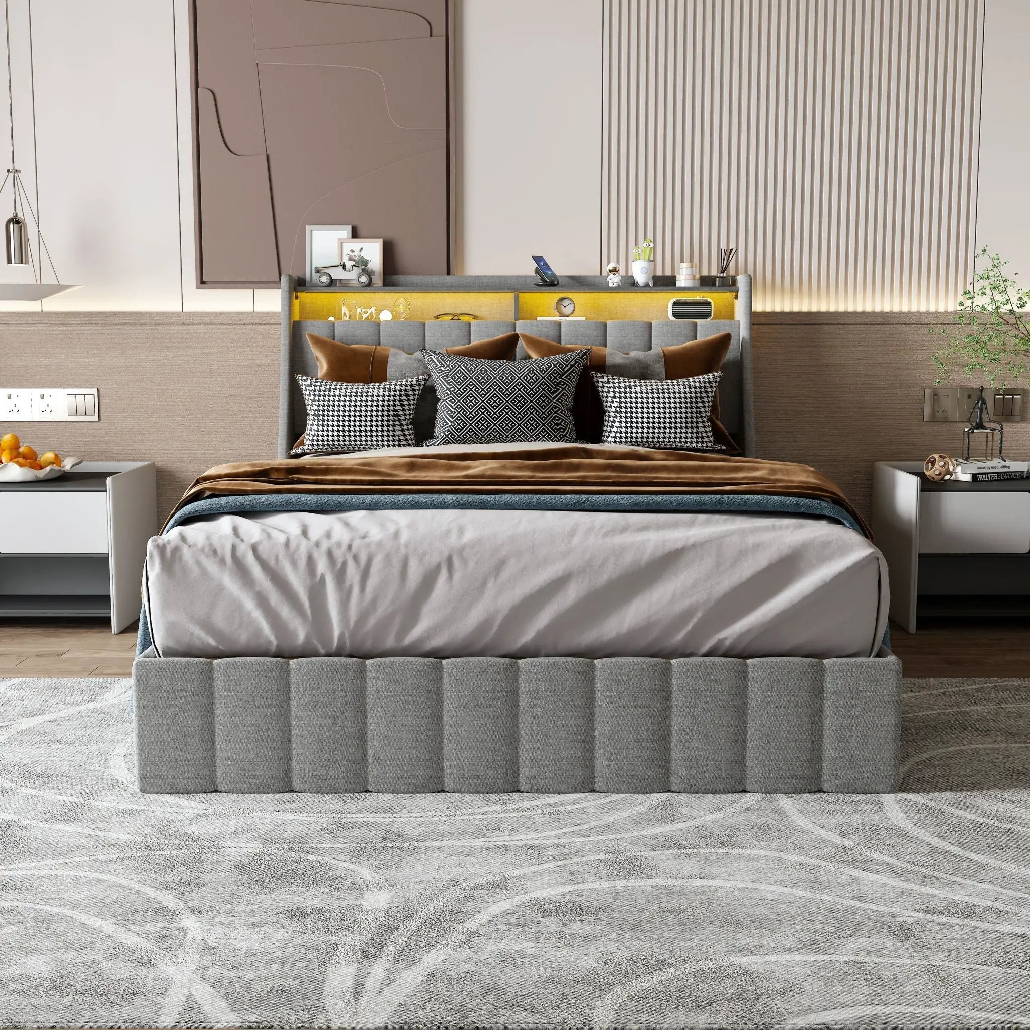 Queen Size Bed Frame With LED Lighting, Winged Headboard With Storage Drawers - Light Gray by Unique Piece Furniture