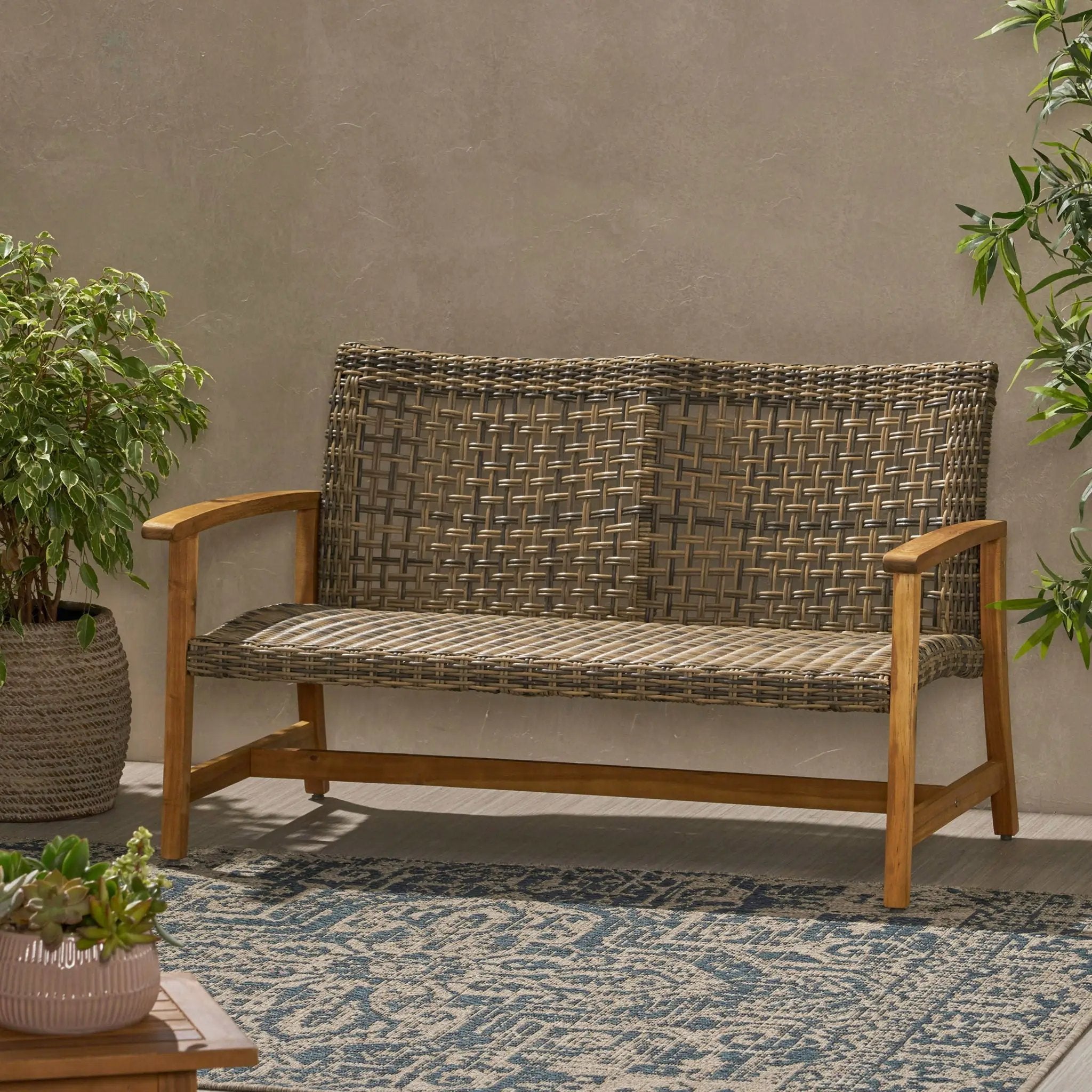 Outdoor Rattan Loveseat with Wooden Legs - Brown by HouseOfZazla