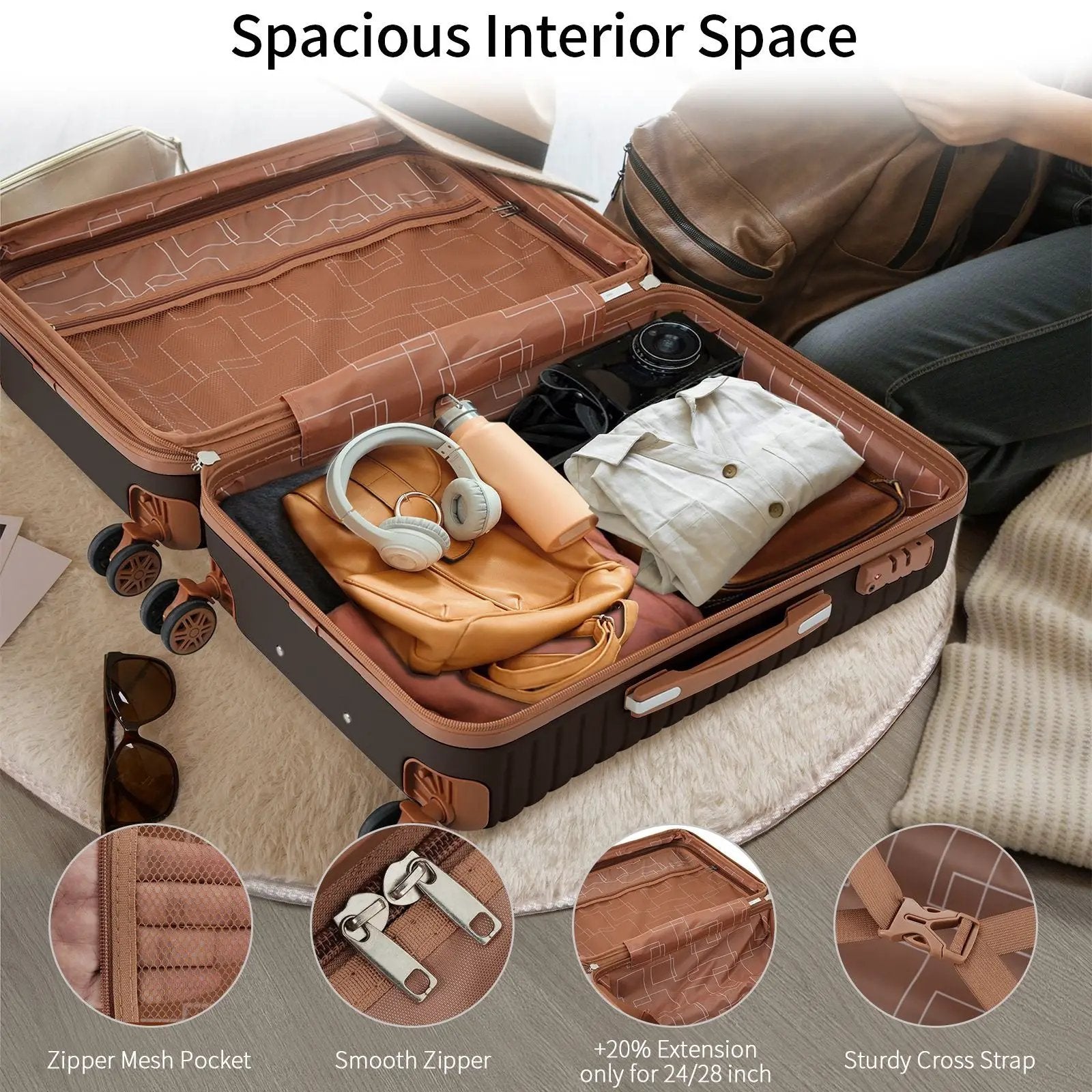 4 Piece Luggage Set Suitcase Set, Abs Hard Shell Lightweight Expandable Travel Luggage With 4 Packing Cubes, Tsa Lock, Spinner Wheels (16 / 20 / 24 / 28) - Coffee by HouseOfZazla