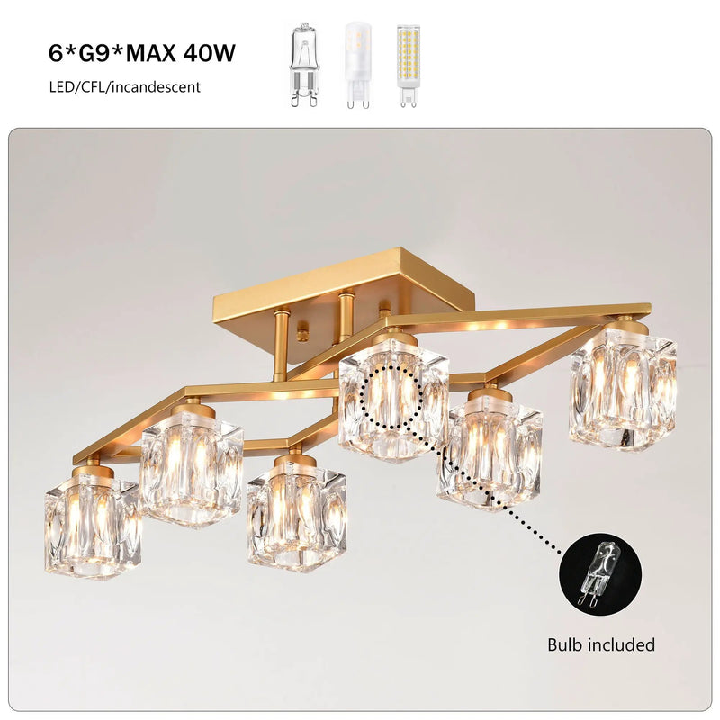 6 Light Crystal Ceiling Light For Dining Room, Modern Ceiling Lamp With Light Fixture For Entryway, Lobby, Kitchen, Bedroom, Living Room, Conference Room, (6*G9 Bulbs Included) by HouseOfZazla