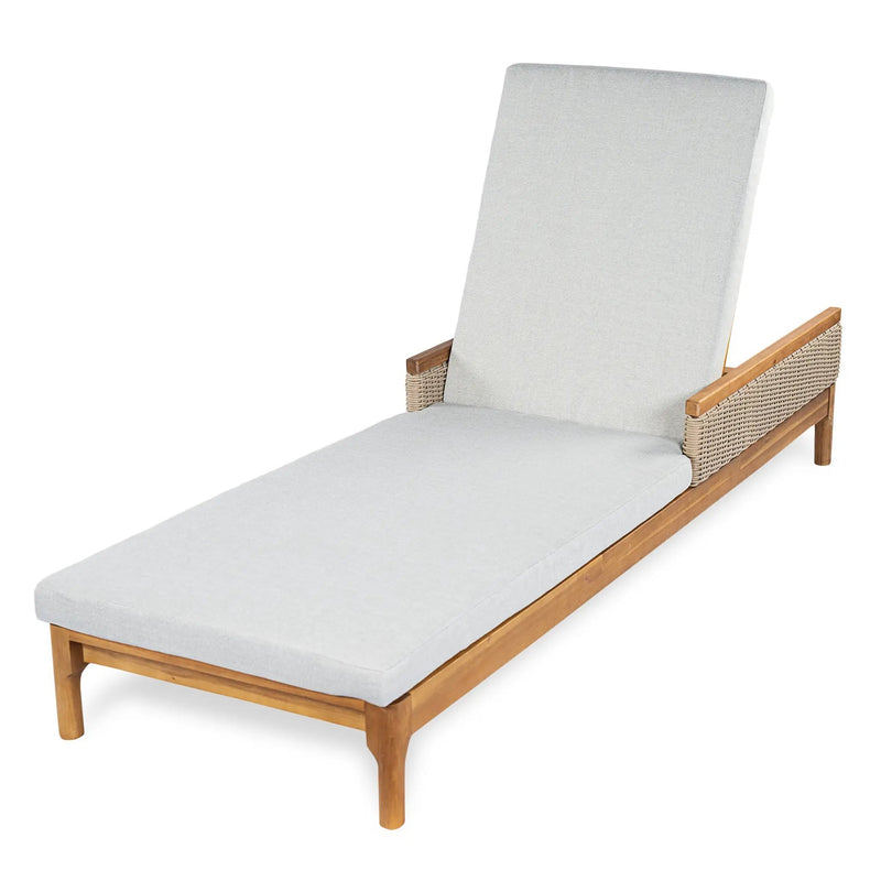 Solid Acacia Wood Sun Lounger with Grey Cushions and Light Grey Wicker by HouseOfZazla
