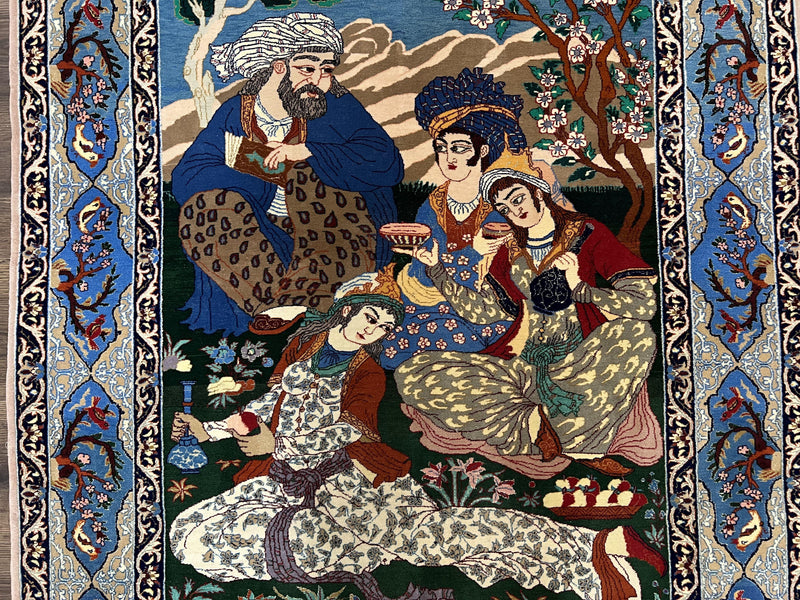 Fine Persian Isfahan Pictorial Rug 3.7 x 5, Kork Wool on Silk Foundation, Blue Persian Carpet, Hand Knotted, Humans Birds, High KPSI, Semi Antique by Jewel Rugs