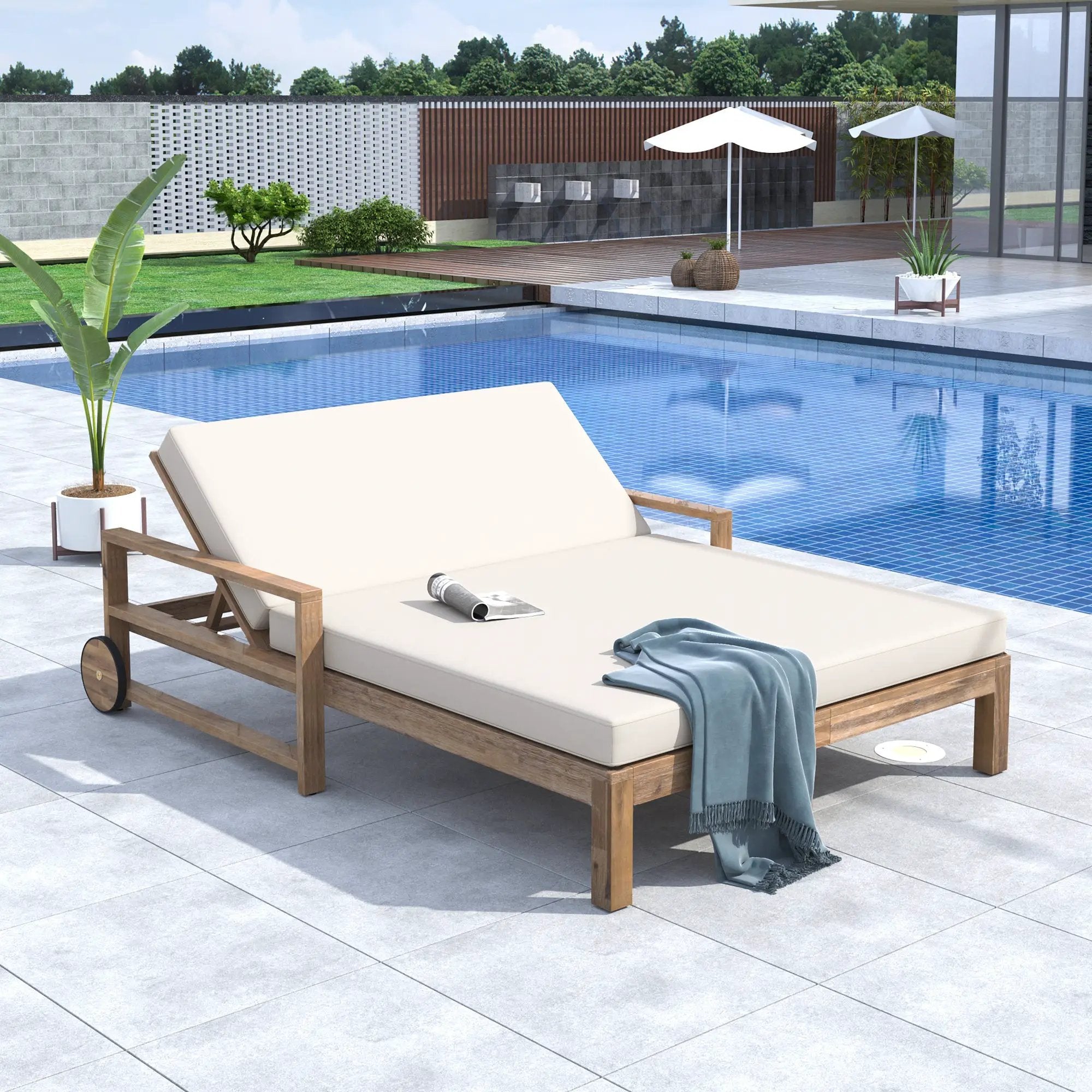 TREXM 1-Piece Farmhouse Wooden Outdoor Sunbed for 2 by HouseOfZazla