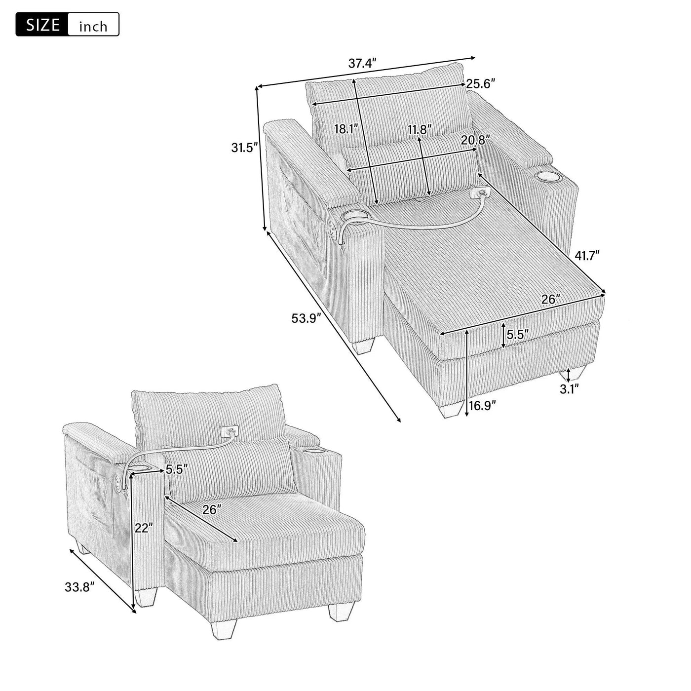 Convertible Chaise Lounge Sofa Chair With USB Ports, Cup Holders, Phone Holder And Storage by Unique Piece Furniture