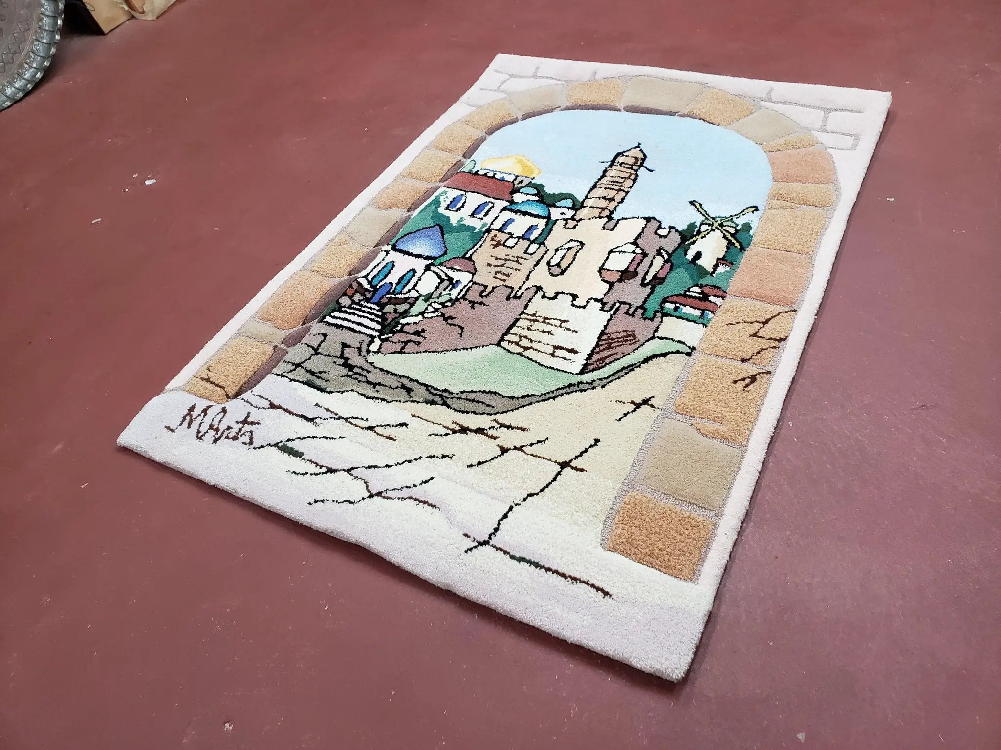 Small Judaica Rug, Rug with Jerusalem Pictorial, Chanuka Gift, Hand-Tufted, Jerusalem Gate, Vintage Judaica, Western Wall Rug, 3x4 Rug by Jewel Rugs