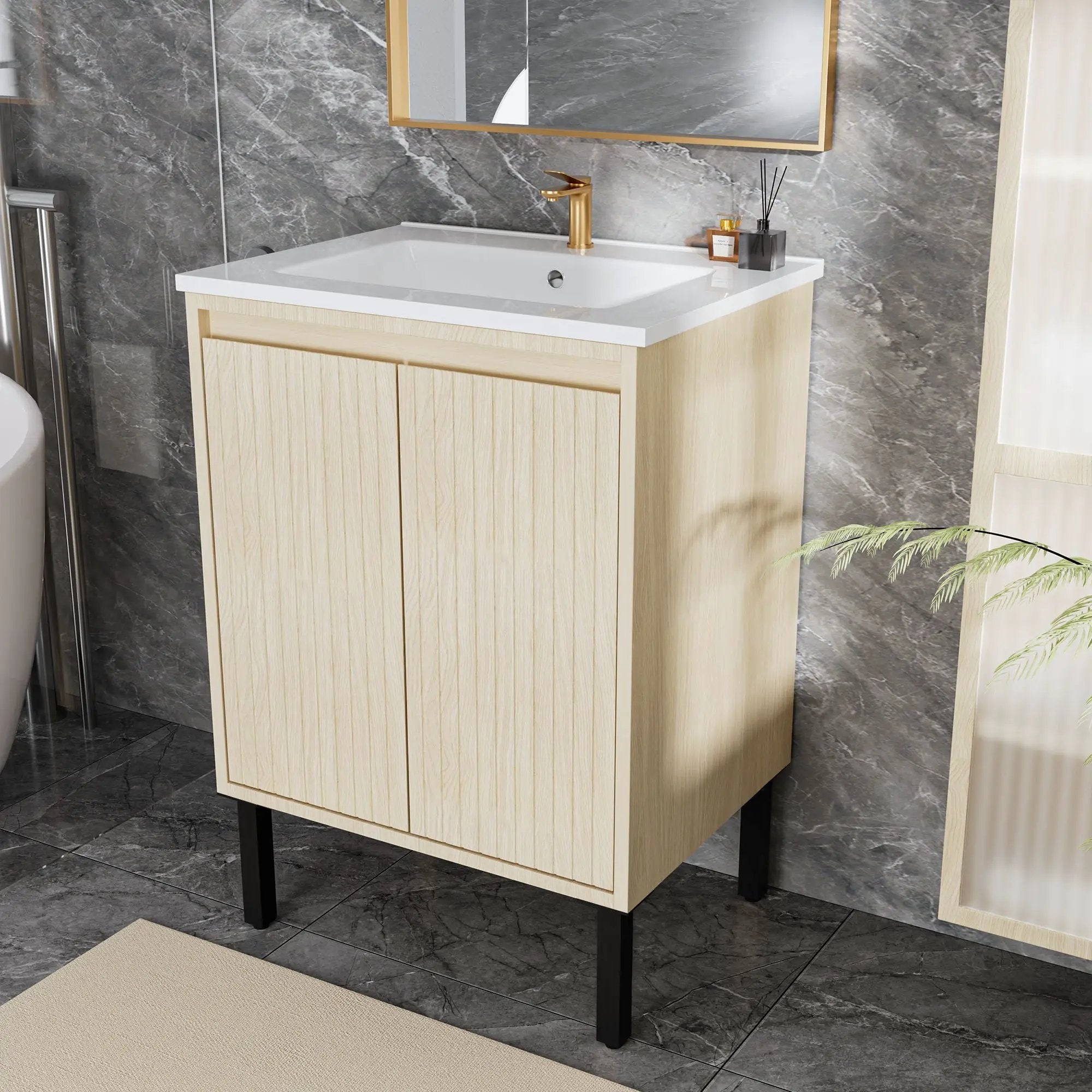 Bathroom Vanity With Ceramic Sink, Floor-Standing Design, Soft-Closing Drawers by Unique Piece Furniture