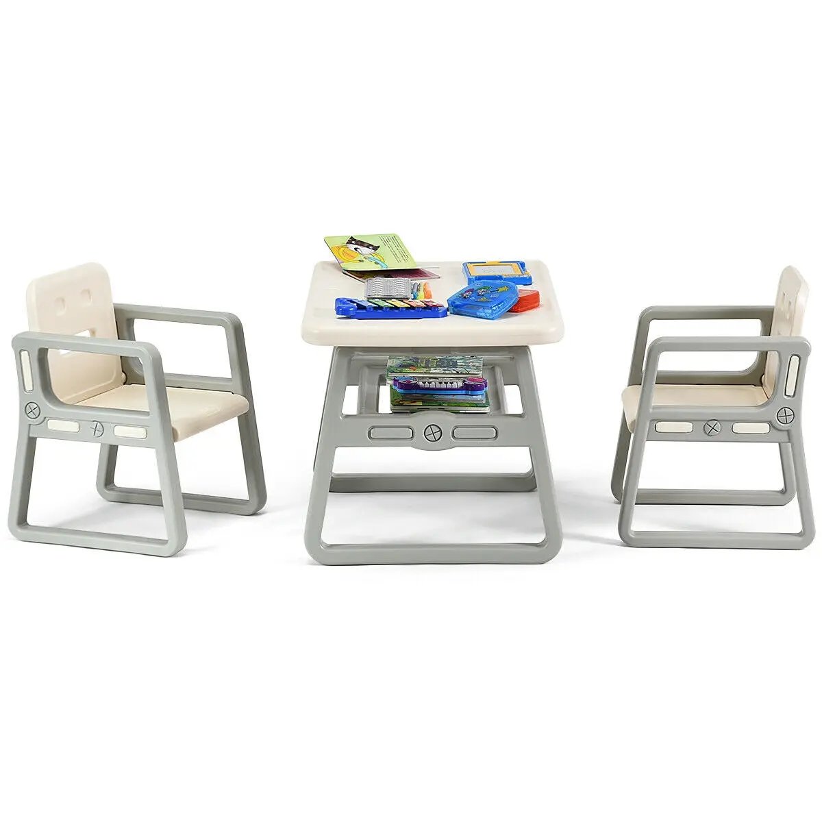 Kids Table and 2 Chairs Set with Storage Shelf-White by DirectDeals