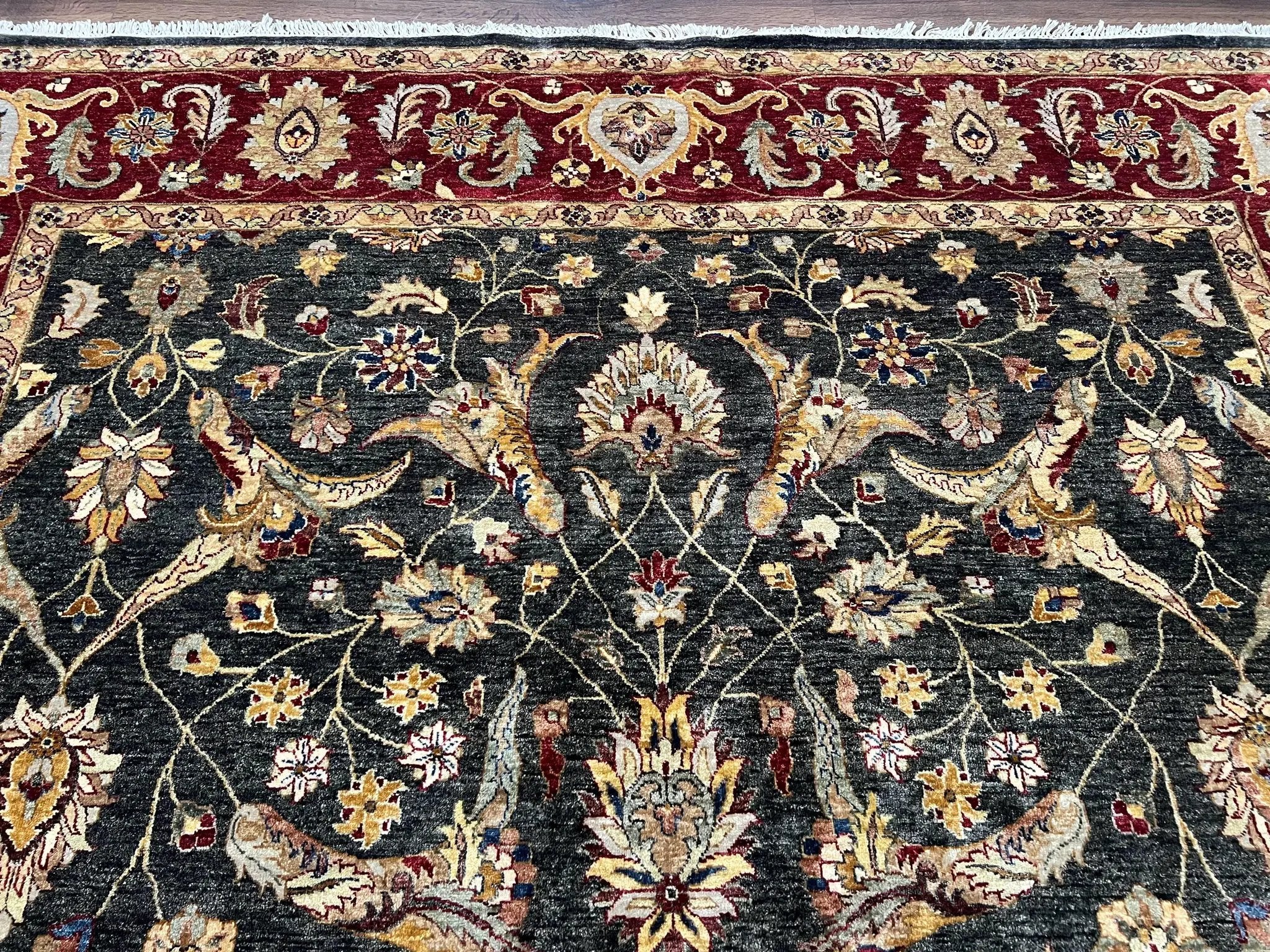 Pak Persian Mahal Rug 9x12, Allover Floral Pakistani Oriental Carpet 9 x 12, Wool Hand Knotted Area Rug, Dark Slate Gray-Black and Maroon by Jewel Rugs