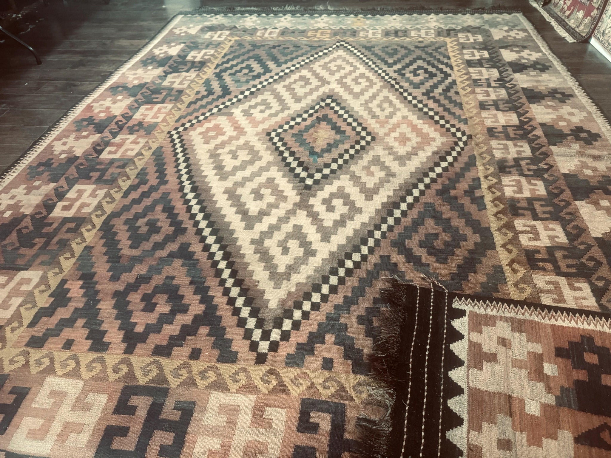 Antique Persian Tribal Kilim Rug 9x12, Zig Zag Pattern Kilim, Zarand Rug, Wool, Earth Tone Colors by Jewel Rugs