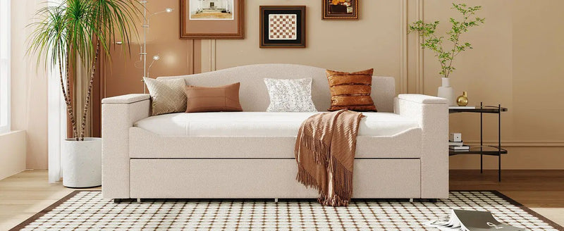 Upholstered Daybed With Storage Armrests, Trundle And Latest Integrated tooth Audio System by HouseOfZazla