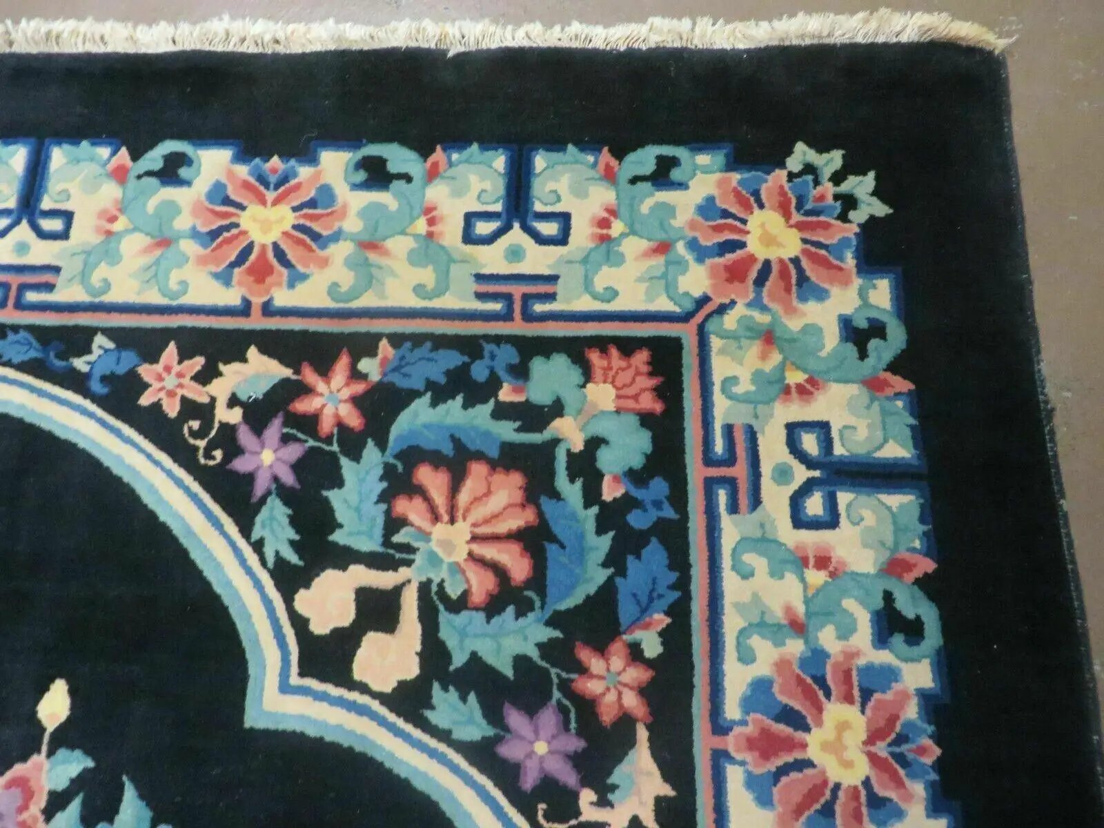 Black Chinese Wool Rug 8x10, Art Deco Floral Carpet, Soft Plush Pile by Jewel Rugs