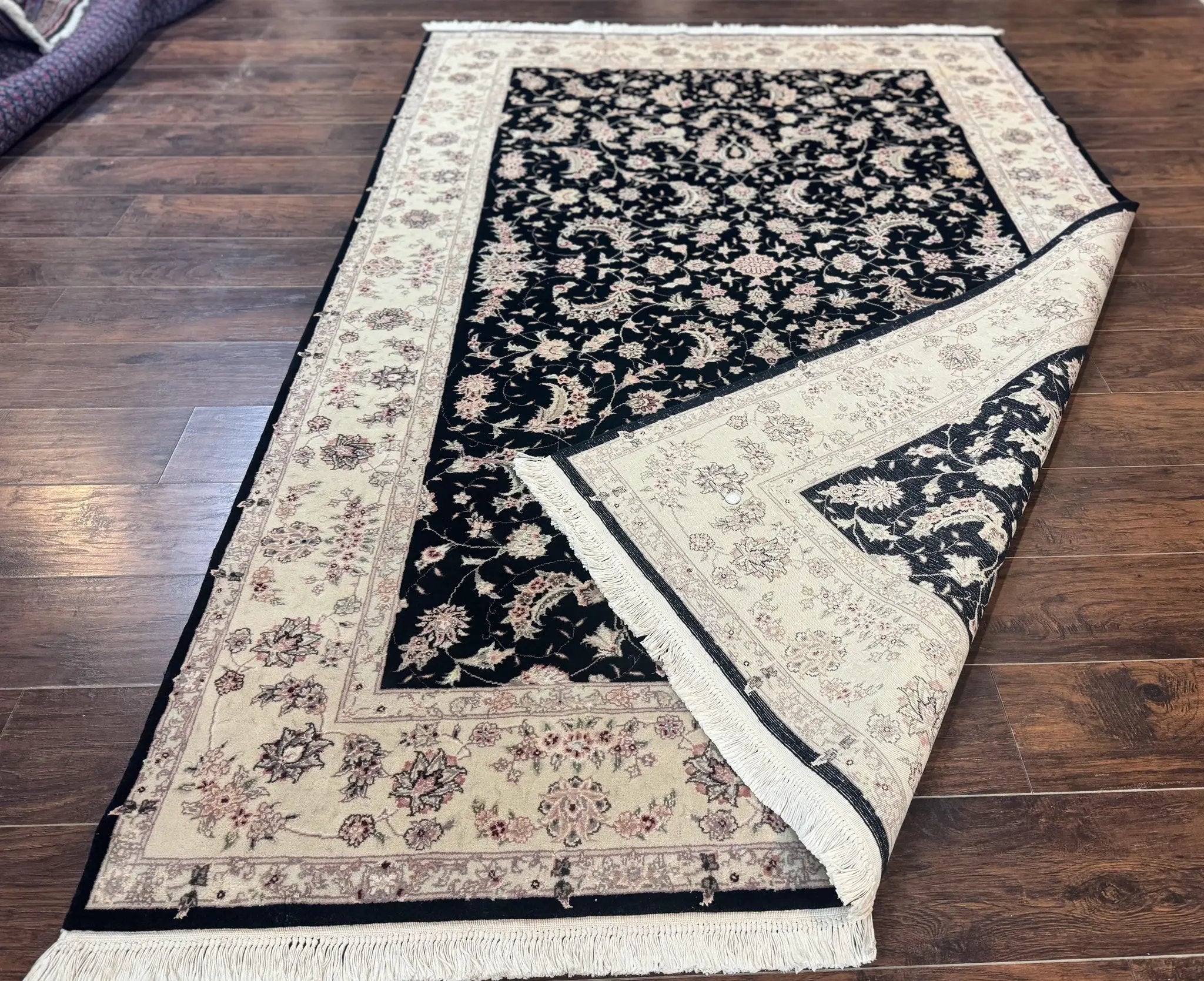 Sino Persian Rug 6x9, Black and Ivory, Wool and Silk Highlights, Handmade by Jewel Rugs