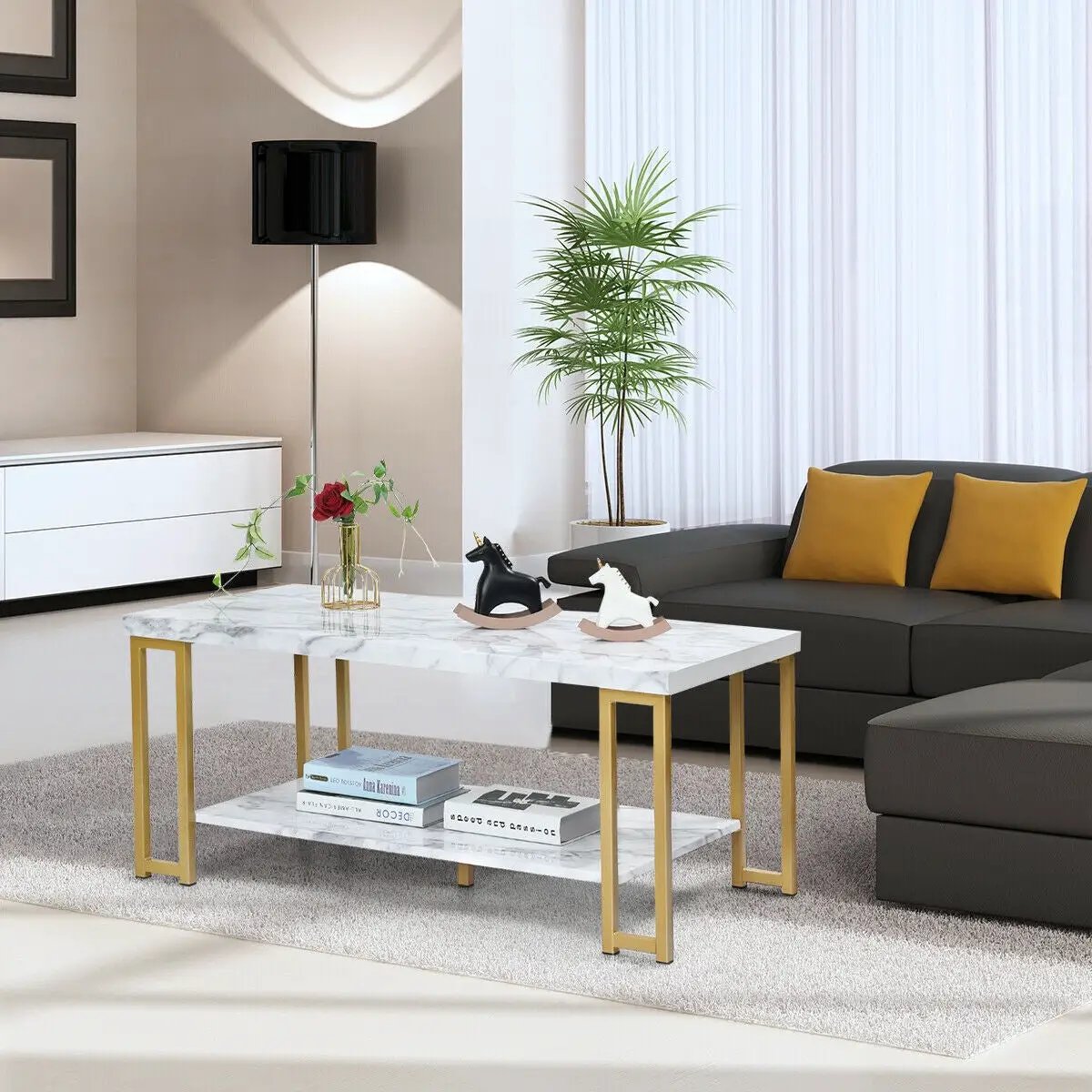 2-Tier Rectangular Modern Coffee Table with Gold Print Metal Frame by DirectDeals