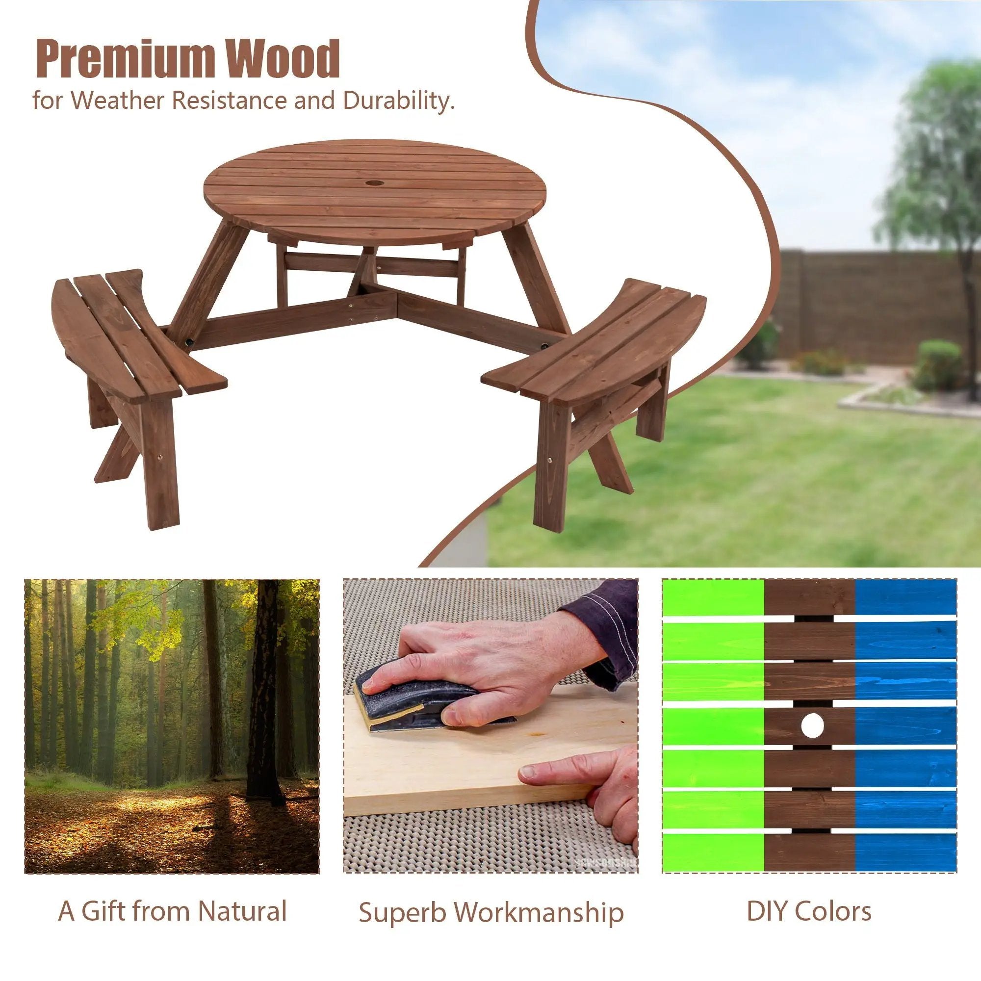 6 Person Circular Outdoor Wooden Picnic Table For Patio, Backyard, Garden, Diy With 3 Built-In Benches, 1720Lb Capacity by Unique Piece Furniture