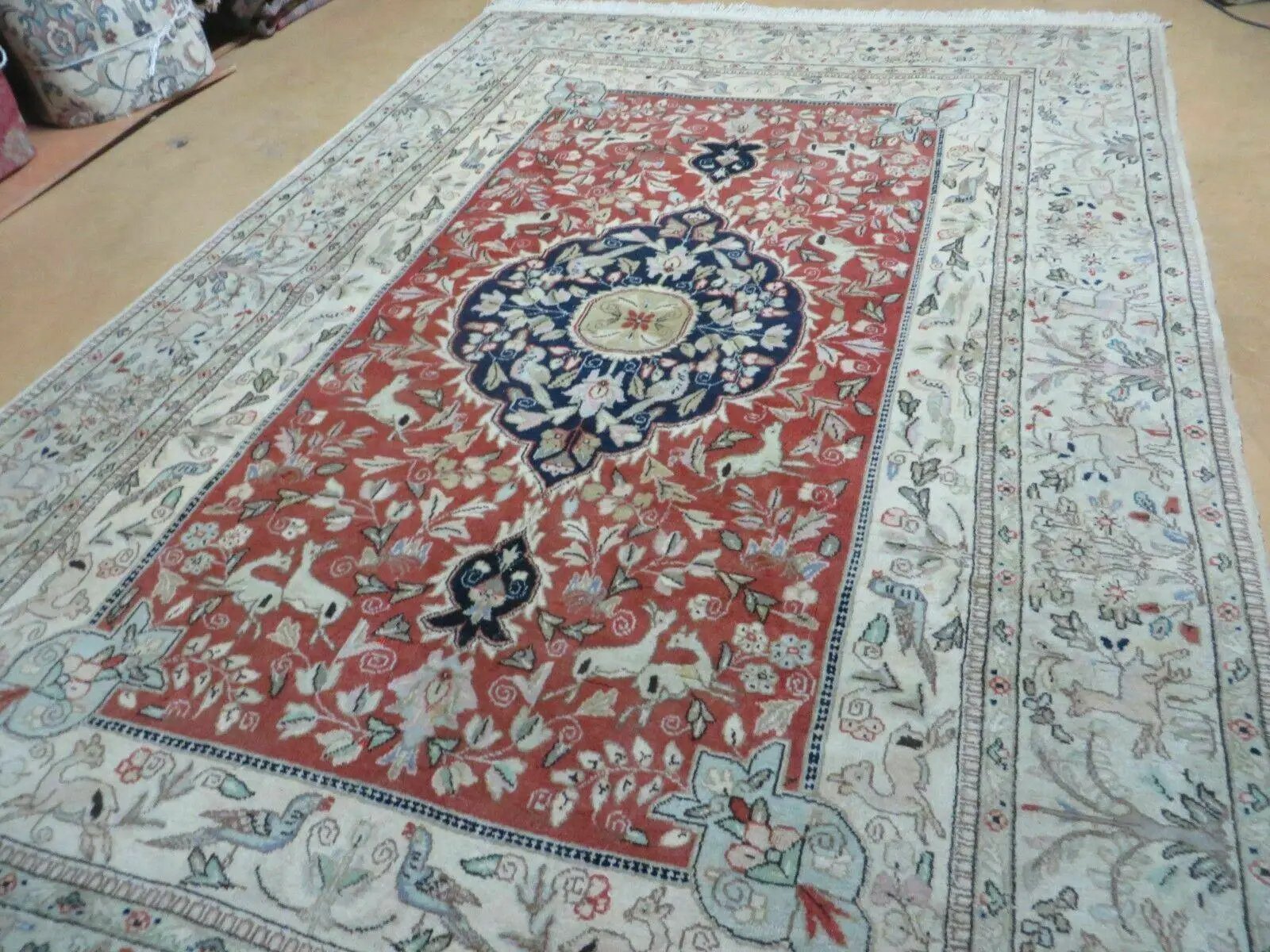 6' X 9' Vintage Handmade India Oriental Floral Wool Rug Hunting Bird Deer Nice by Jewel Rugs