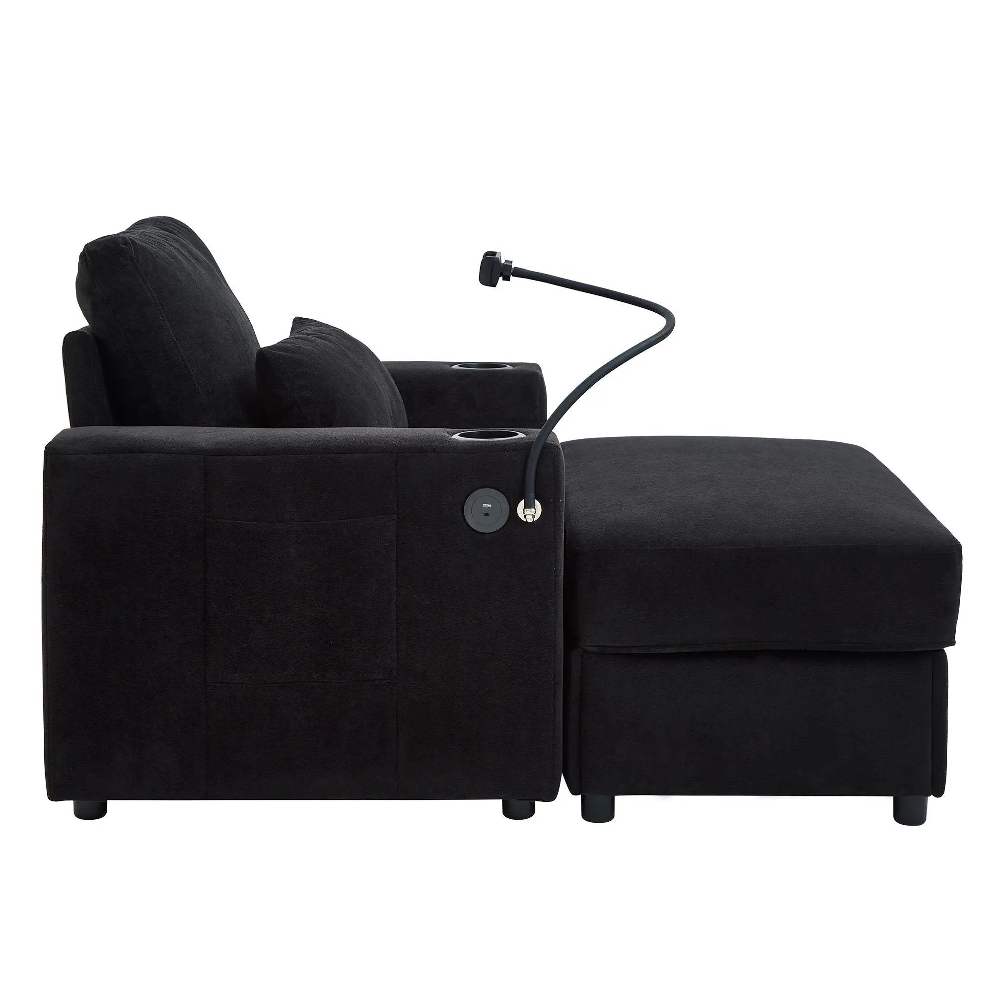 Modern Style Armchair Chaise Lounge Sofa Couch With Movable Storage Ottoman, USB Ports, Cup Holders, Phone Holder, Side Pockets by HouseOfZazla