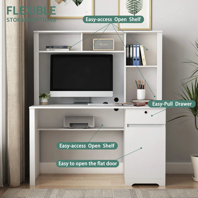Computer Desk With Hutch & Bookshelf, Wood Executive Desk Teens Student Desk Writing Laptop Home Office Desk With Drawers, 3 Ac Outlets And 2 USB Charging Ports, Study Laptop Table For Home - White by HouseOfZazla