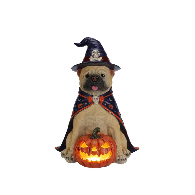 Halloween Bulldog Witch Statue, LED Light Up Jack-O-Lantern Pumpkin by HouseOfZazla