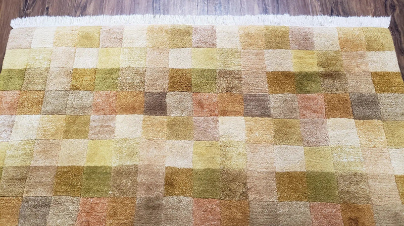 4x6 Tibetan Rug, Modern Abstract Handmade Area Rug, Checkerboard Pattern, Neutral Ivory Gold Tan Colors, Soft Pile, Mid Sized Rug, Nepali by Jewel Rugs