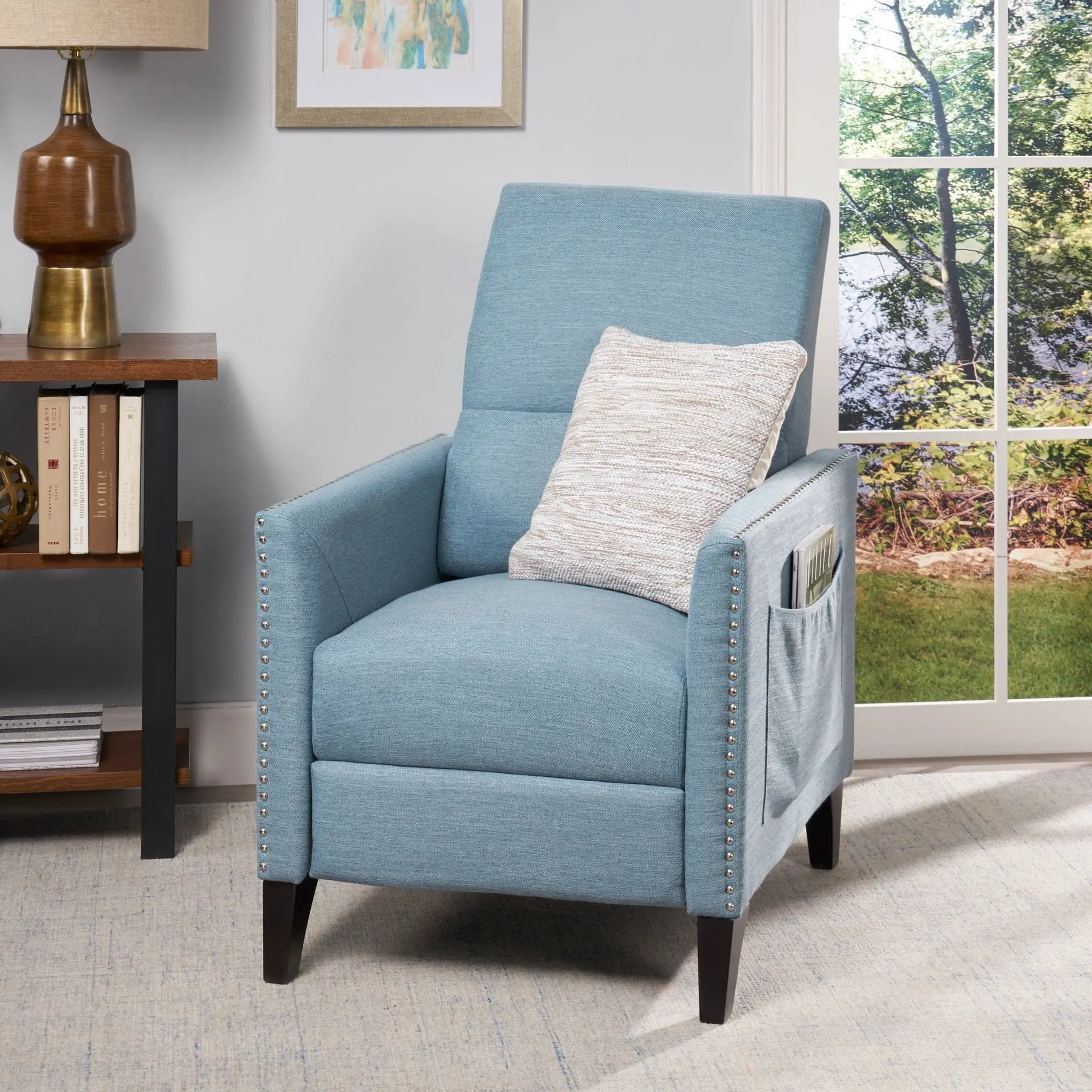 Repose Upholstered Recliner Chair With Nailhead Trim And Side Pocket - Light Blue by Unique Piece Furniture