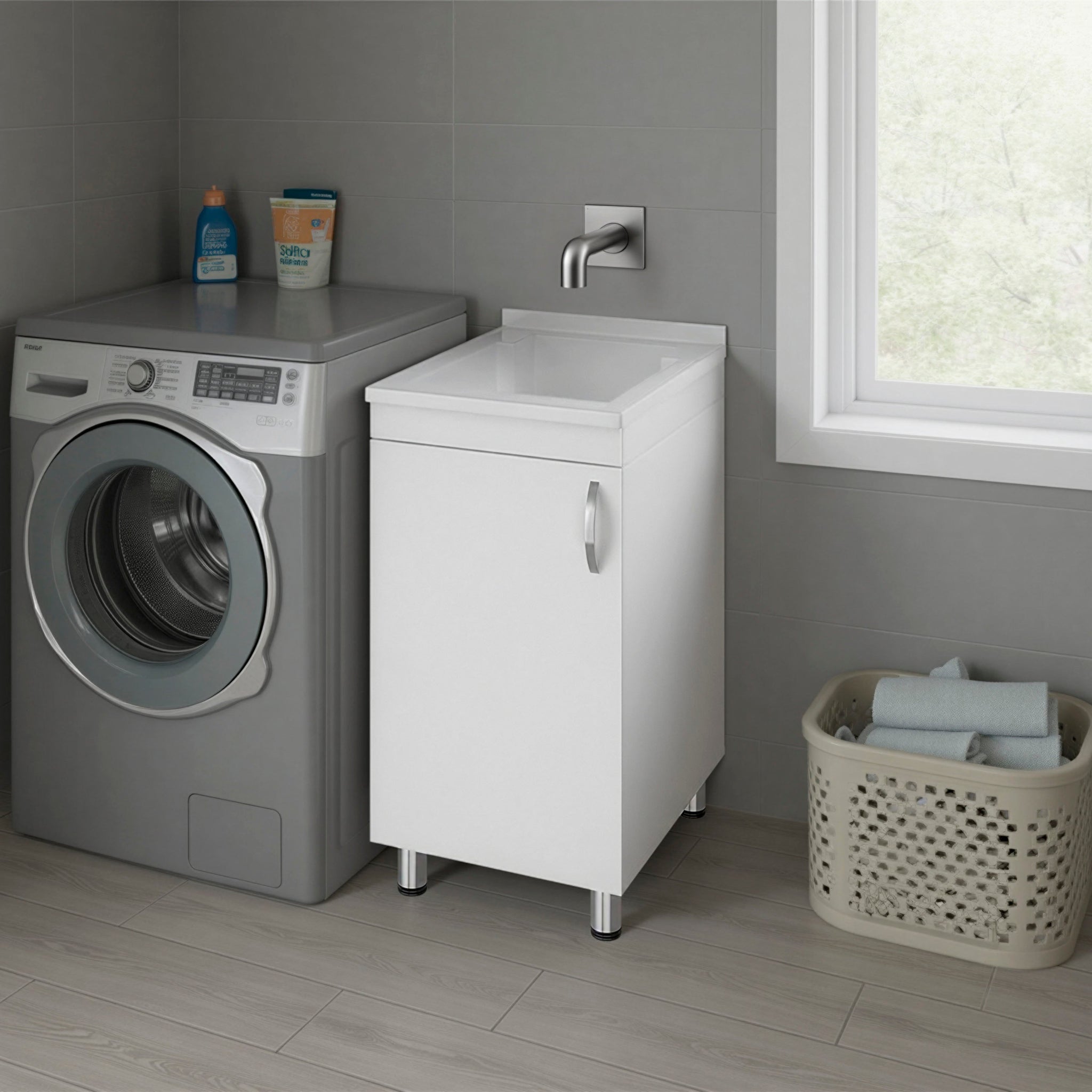 Slee Compact Utility Sink Cabinet with Storage and Metal Legs for Laundry Room by HouseOfZazla