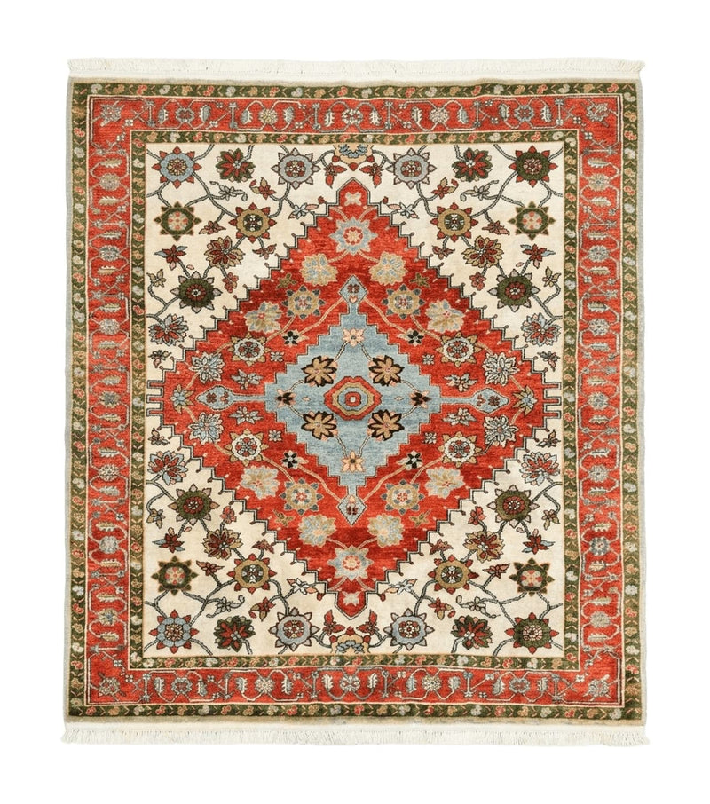 Indo Persian Heriz Rug 7x9, Geometric Pattern, Cream & Light Red, Handmade Vintage Wool Carpet by Jewel Rugs