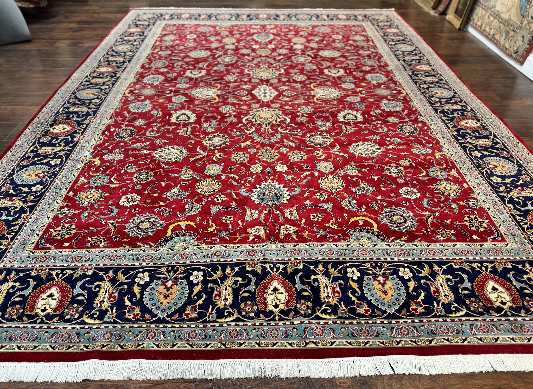Pak Persian Rug 9x12, Red and Navy Blue, Floral Allover, Hand Knotted Vintage Wool Carpet, Fine 260 KPSI by Jewel Rugs
