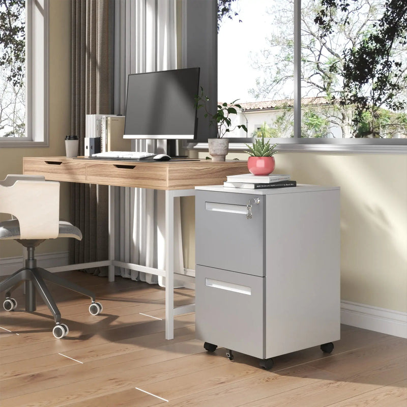 2-Drawer Mobile File Cabinet With Lock,On 360° Wheels, Holds A4/Letter/Legal Files - White by HouseOfZazla