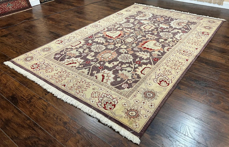 Vintage Indo Mahal Area Rug 6x9, Indian Persian Oriental Carpet 6 x 9, Puce Eggplant Tan Beige Rug, Hand-Knotted, Large Floral Design Wool by Jewel Rugs