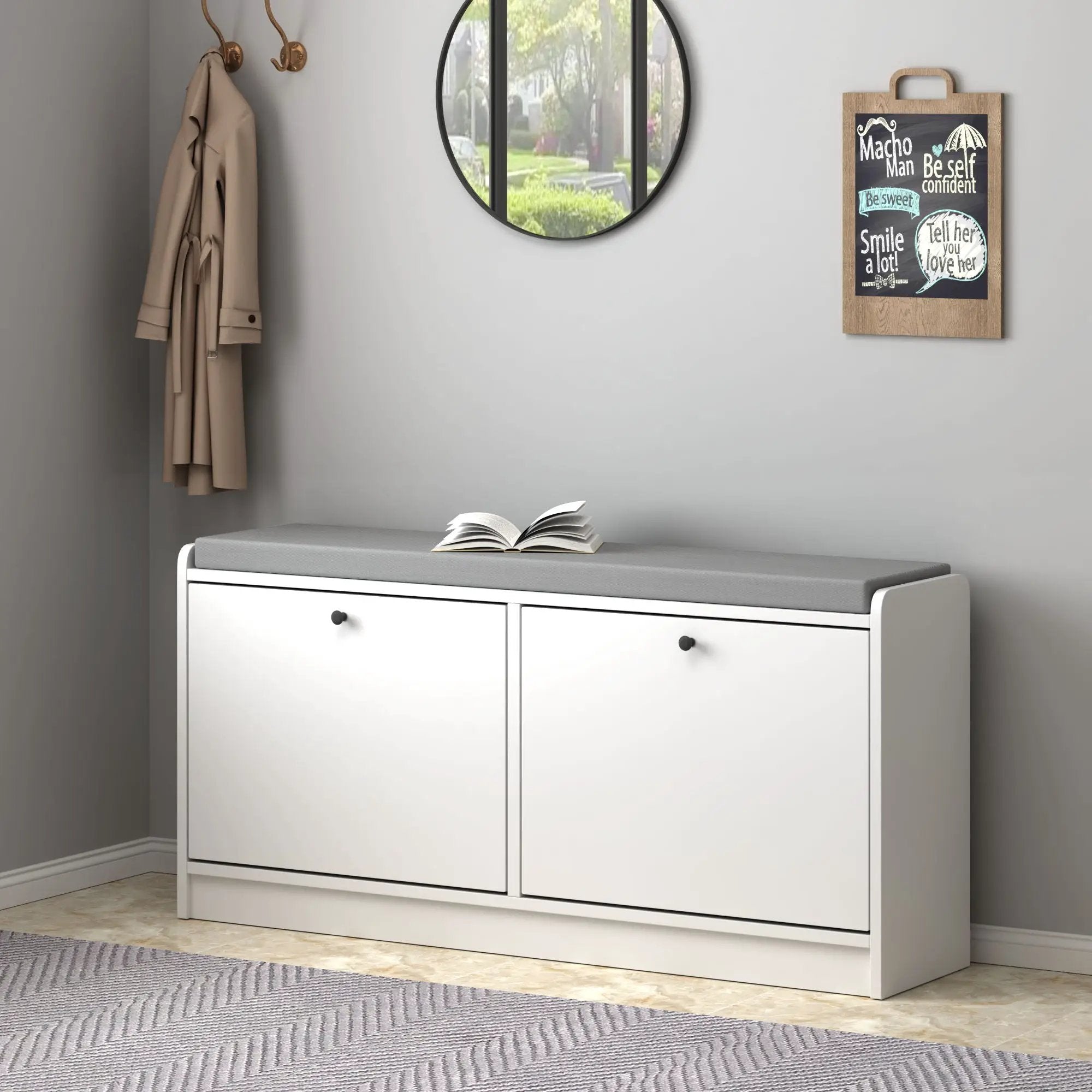 Shoe Storage Bench With Cushion, Entryway Organizer Cabinet For Hallway - White