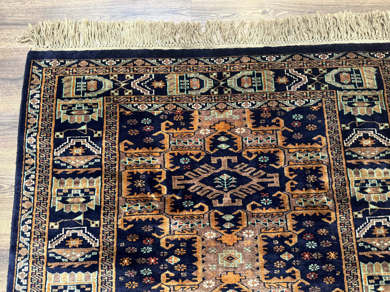 Vintage Afghan Rug 4x6, Navy Blue and Light Brown, Geometric Medallions, Wool on Wool, Tribal Rug by Jewel Rugs