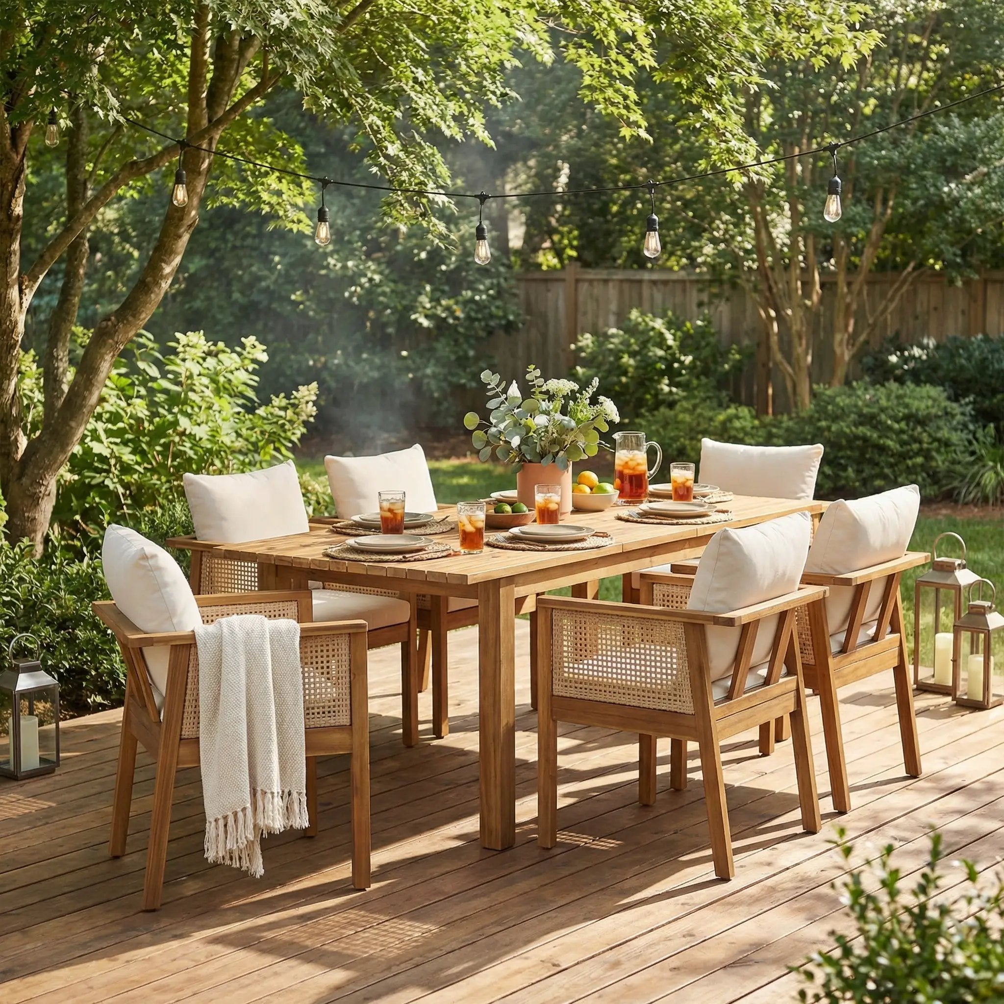 7 Pieces Acacia Wood Outdoor Dining Set with Cream Cushions and Natural Wicker by HouseOfZazla