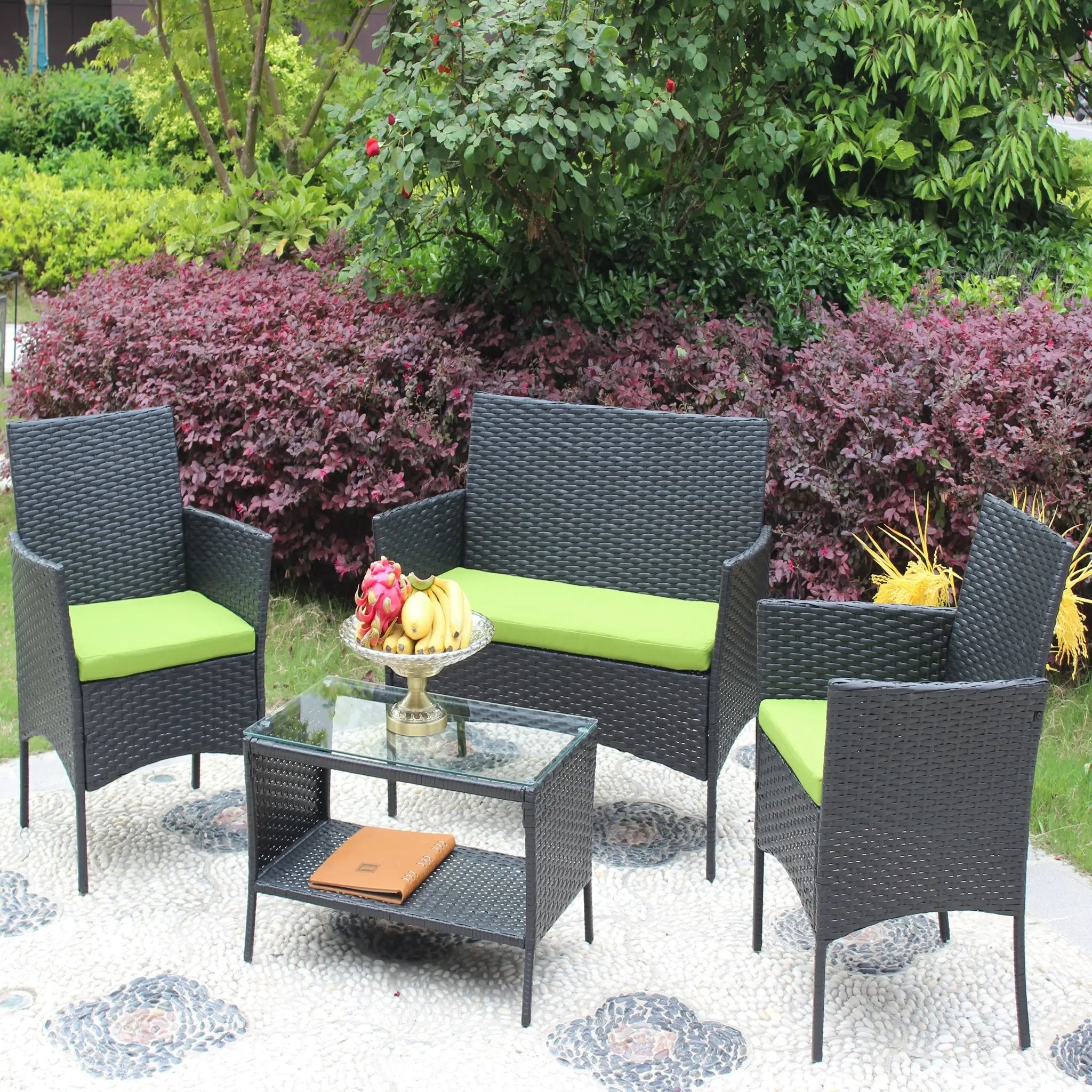 4 PC Rattan Patio Furniture Set Outdoor Cushioned Wicker Sofa Green Cushion by HouseOfZazla