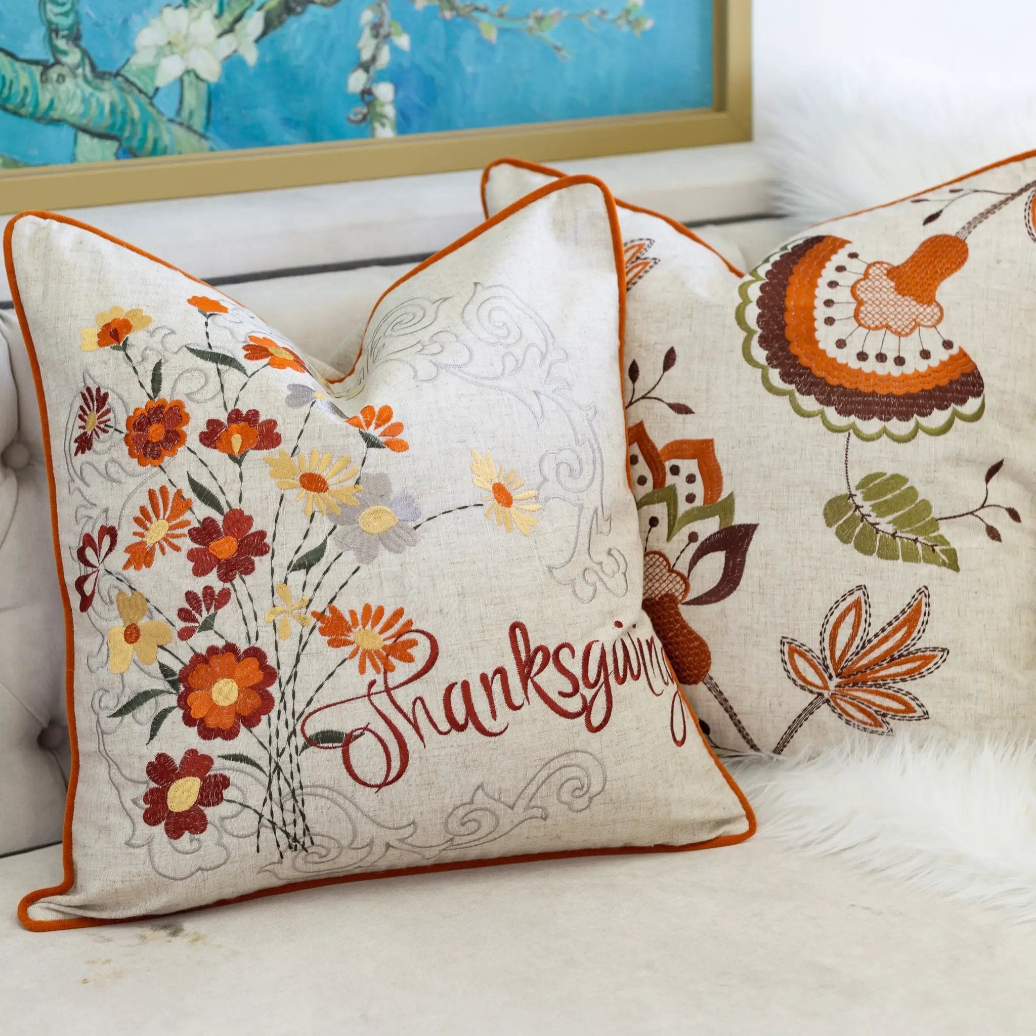 Thanksgiving Embroidered Floral Throw Pillow – Autumn Harvest Accent Cushion Set of 2 by HouseOfZazla