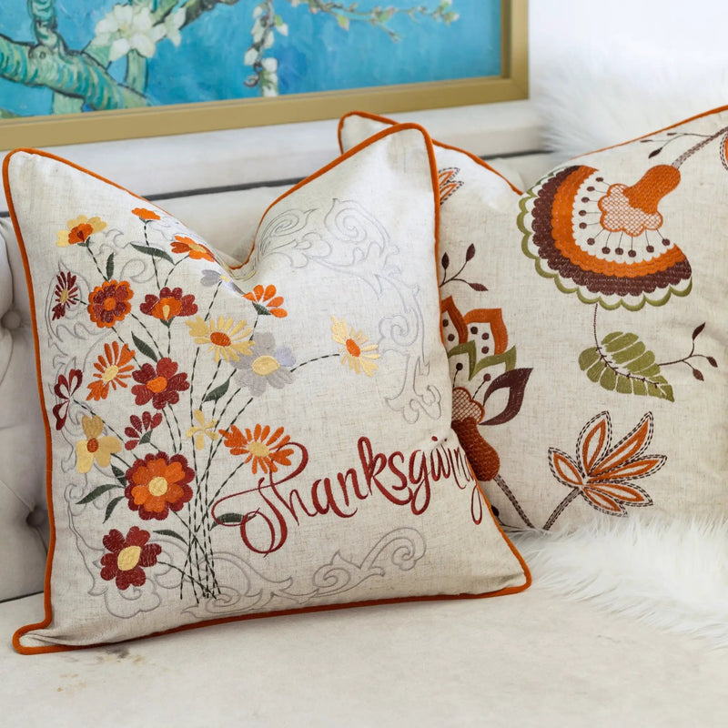 Thanksgiving Embroidered Floral Throw Pillow – Autumn Harvest Accent Cushion Set of 2 by HouseOfZazla