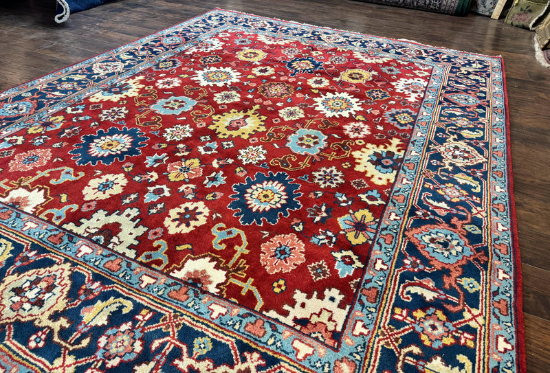 Indo Heriz Rug 8x10, Red and Navy Blue, Allover Pattern, Wool Handmade Carpet by Jewel Rugs