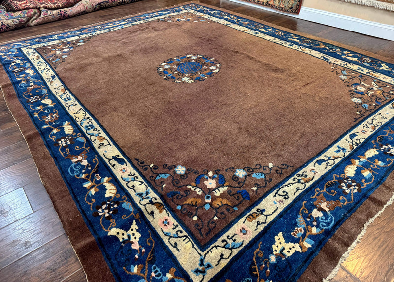 Antique Chinese Wool Rug 9x11, Large Chinese Art Deco Rug, Peking Rug, Brown and Blue, Open Field, Fete Rug by Jewel Rugs