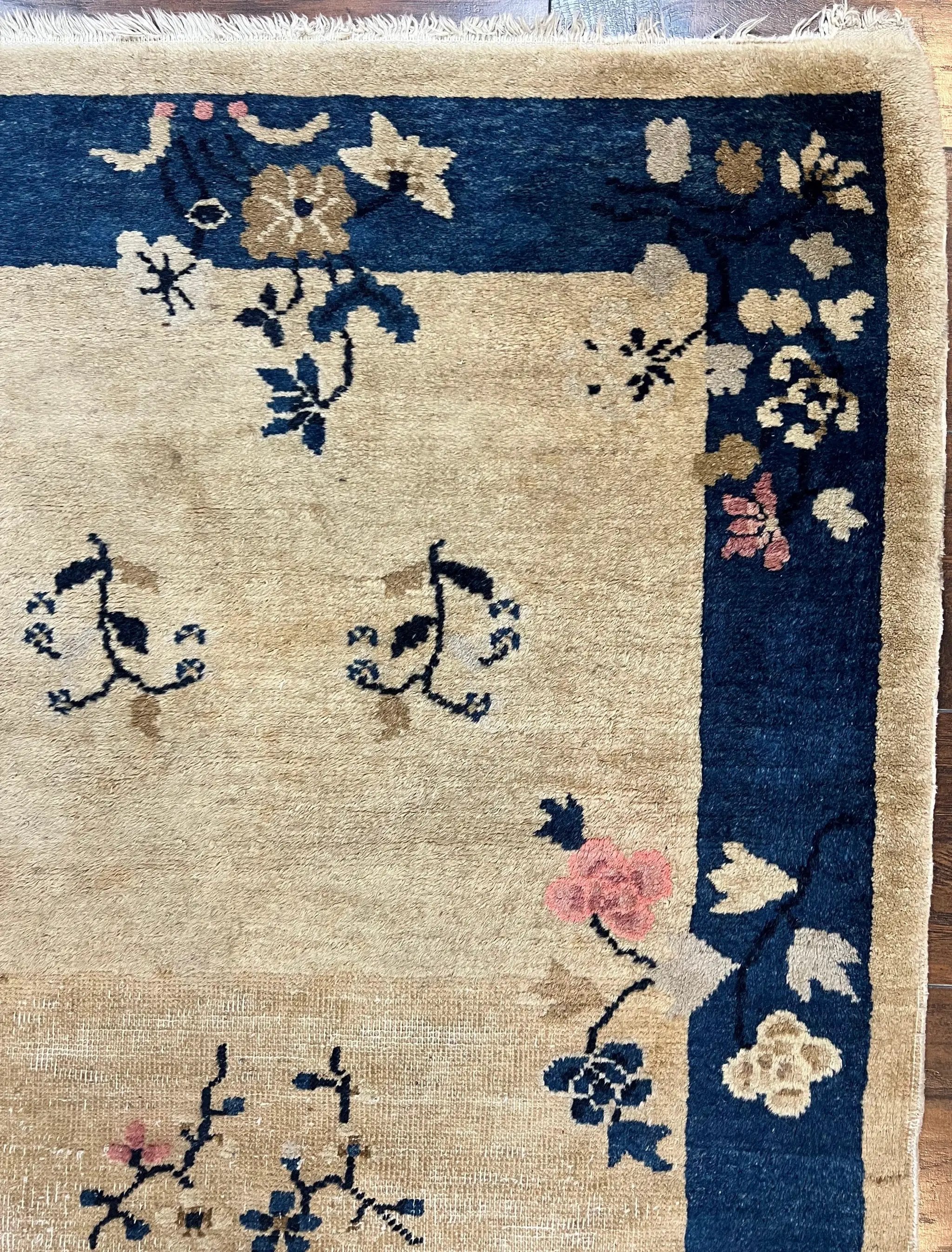 Antique Chinese Peking Rug 3x6, Beige and Dark Blue Hand Knotted Handmade Asian Oriental Carpet, Floral Vases, Vintage Wool Art Deco Rug by Jewel Rugs