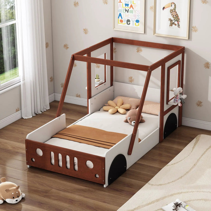 Fun Play Design Twin Size Car Bed, Kids Platform Bed In Car Shaped For Kids Boys Girls Teens - White / Orange by HouseOfZazla