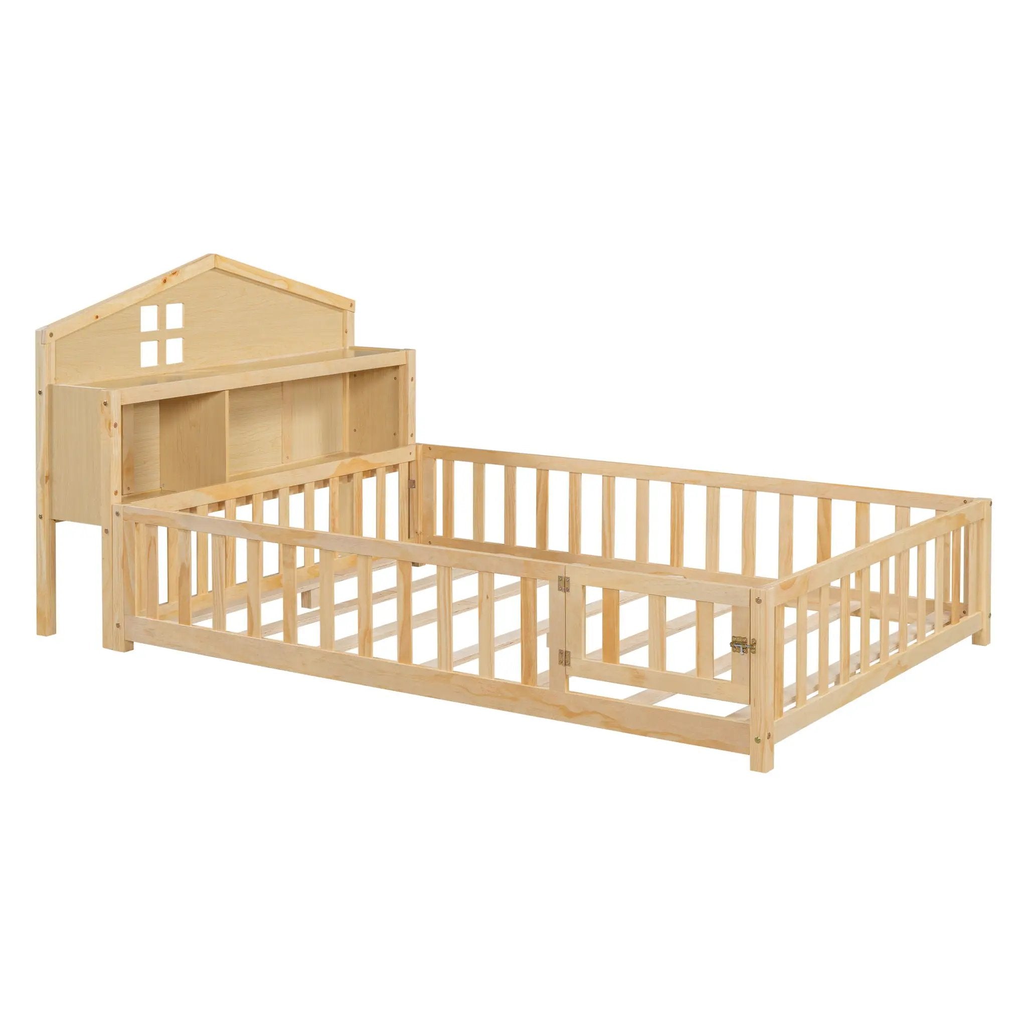 Full Size Montessori Floor Bed With Bookcases And boards, Solid Wood Platform Bed With Guard Rails And Storage Headboards - Natural by HouseOfZazla