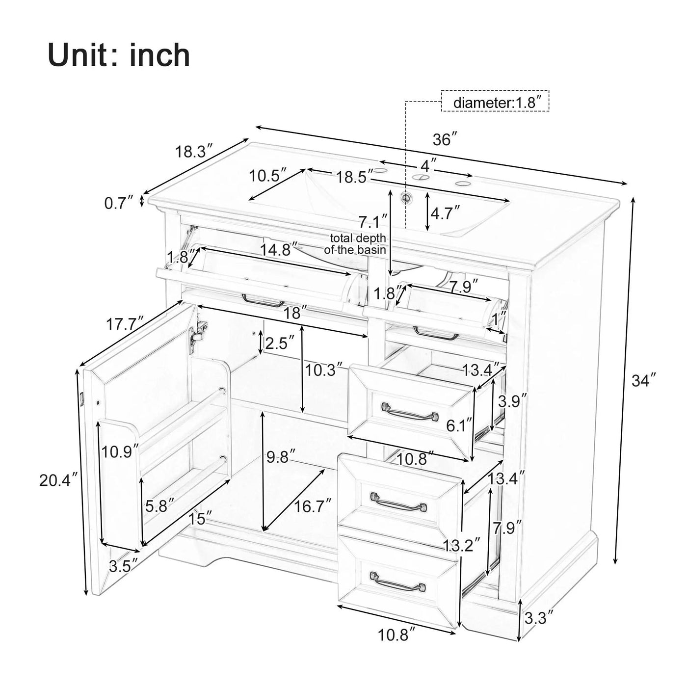 36" Bathroom Vanity With Sink, 2 Tip-Out Drawers, Soft Close Hinges by HouseOfZazla